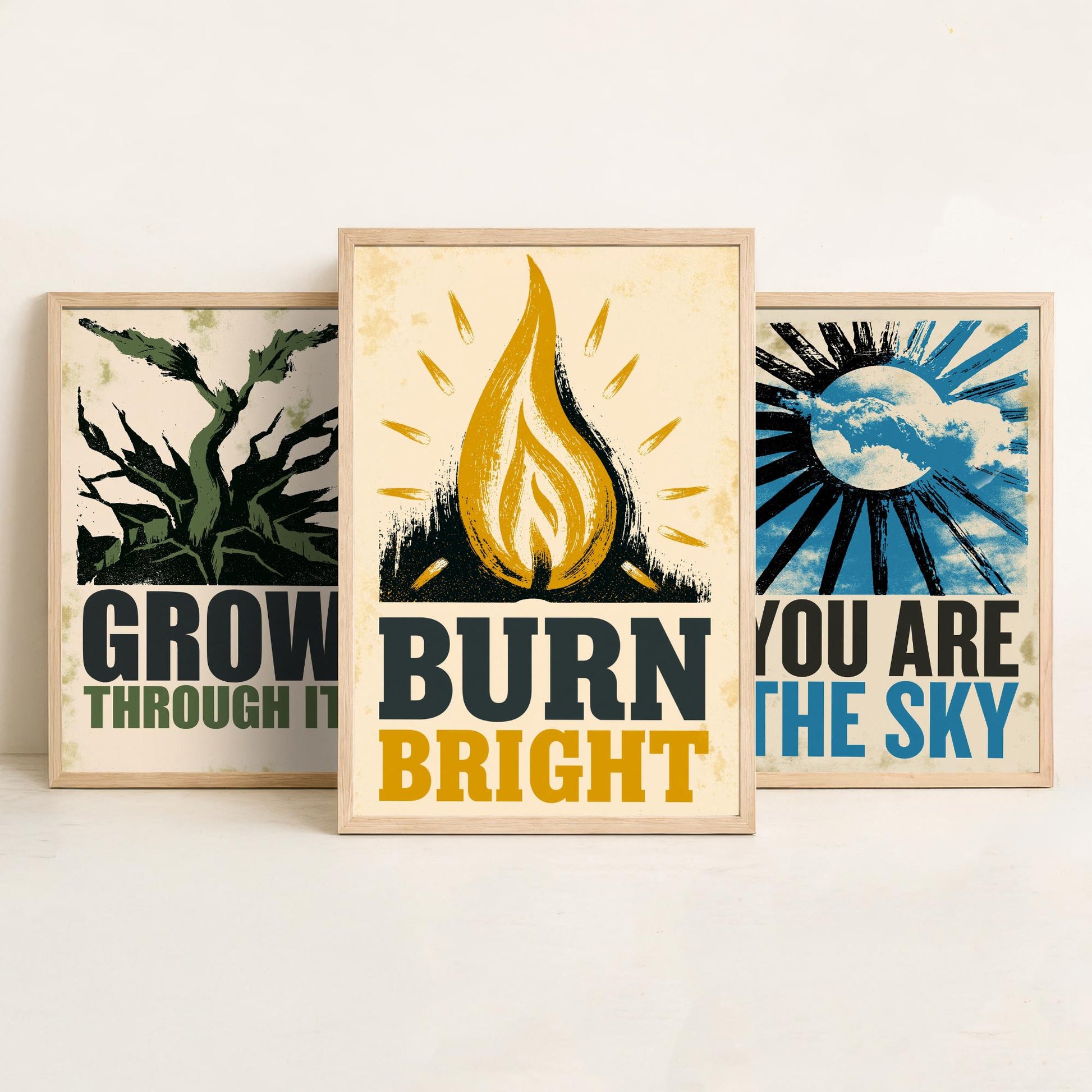 Stillpress Affirmation Set of Three Art Prints - Grow Through It, You Are the Sky, Burn Bright - Vintage Woodcut Quote Posters Illustration