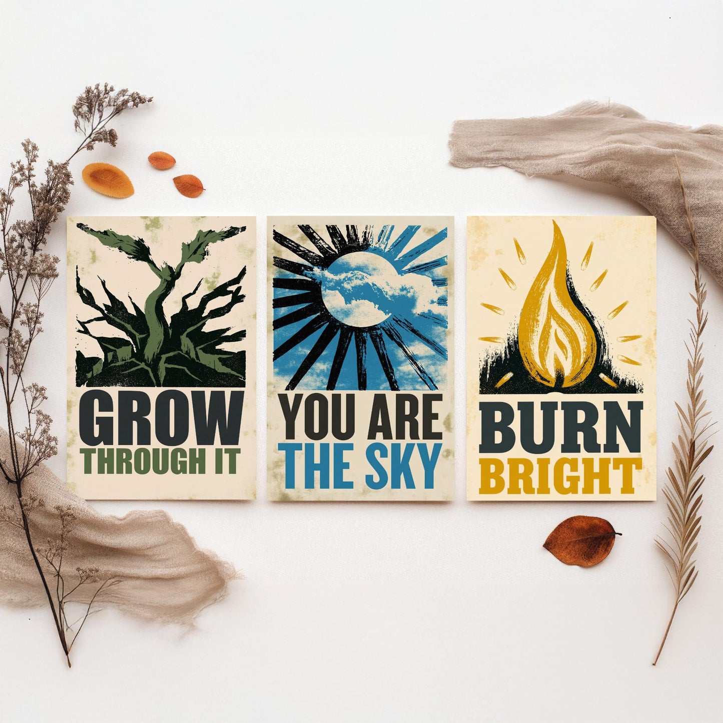 Stillpress Affirmation Set of Three Art Prints - Grow Through It, You Are the Sky, Burn Bright - Vintage Woodcut Quote Posters Illustration