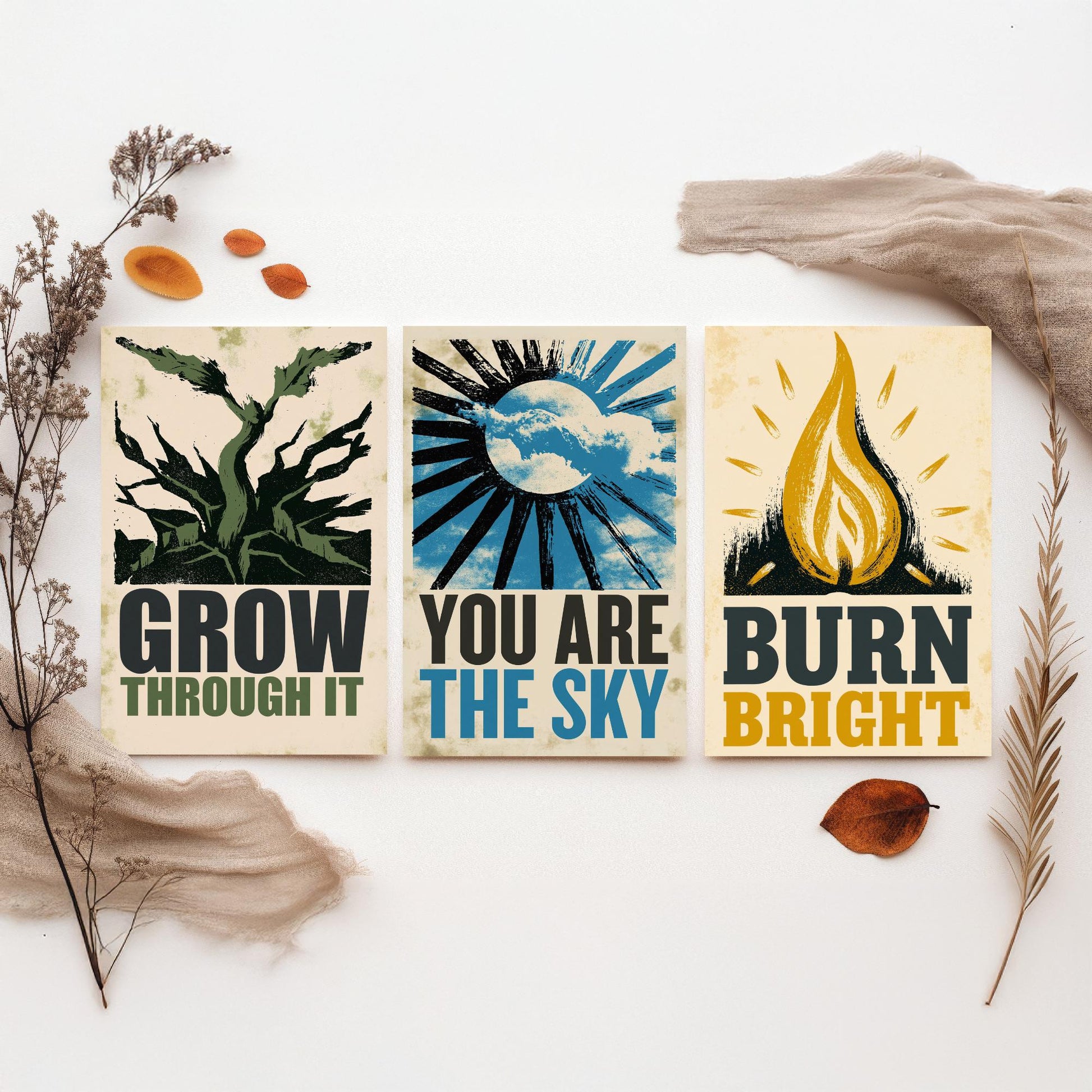 Stillpress Affirmation Set of Three Art Prints - Grow Through It, You Are the Sky, Burn Bright - Vintage Woodcut Quote Posters Illustration