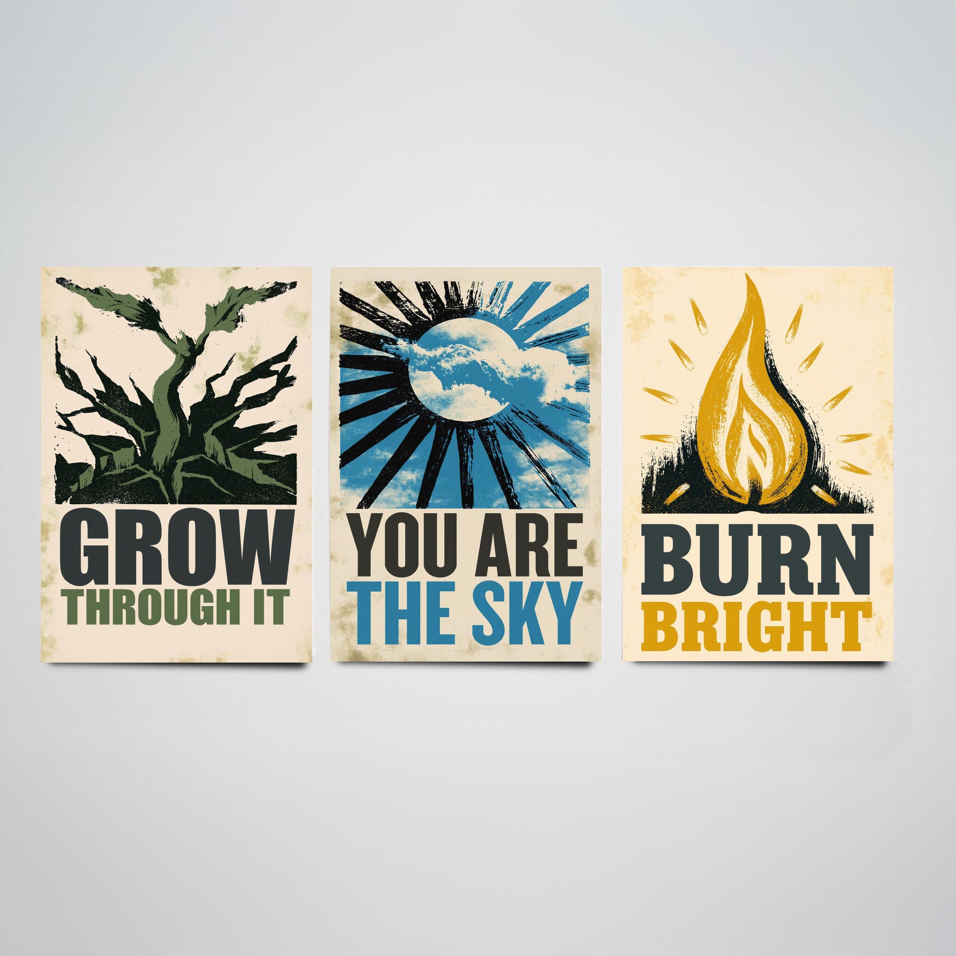 Stillpress Affirmation Set of Three Art Prints - Grow Through It, You Are the Sky, Burn Bright - Vintage Woodcut Quote Posters Illustration