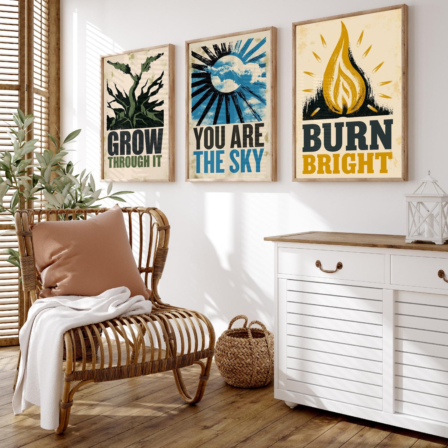 Stillpress Affirmation Set of Three Art Prints - Grow Through It, You Are the Sky, Burn Bright - Vintage Woodcut Quote Posters Illustration