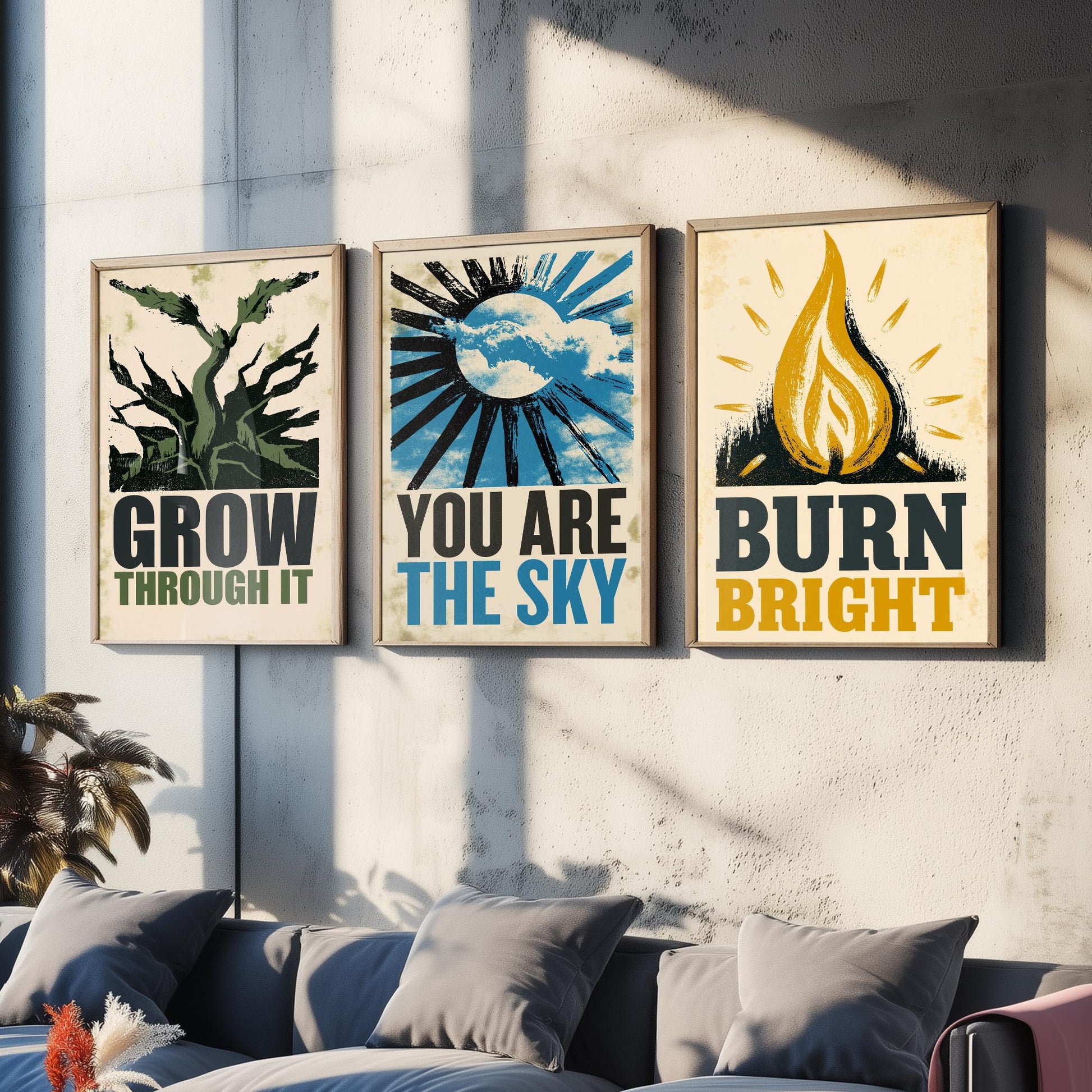 Stillpress Affirmation Set of Three Art Prints - Grow Through It, You Are the Sky, Burn Bright - Vintage Woodcut Quote Posters Illustration