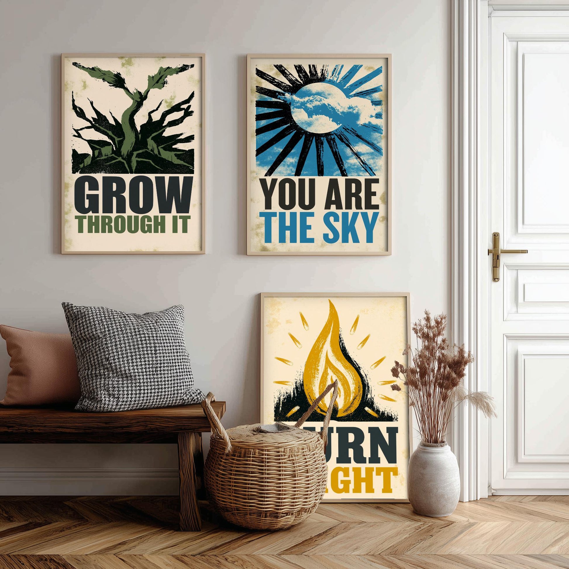 Stillpress Affirmation Set of Three Art Prints - Grow Through It, You Are the Sky, Burn Bright - Vintage Woodcut Quote Posters Illustration