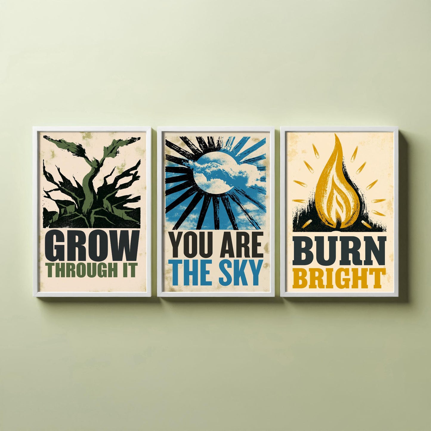 Stillpress Affirmation Set of Three Art Prints - Grow Through It, You Are the Sky, Burn Bright - Vintage Woodcut Quote Posters Illustration