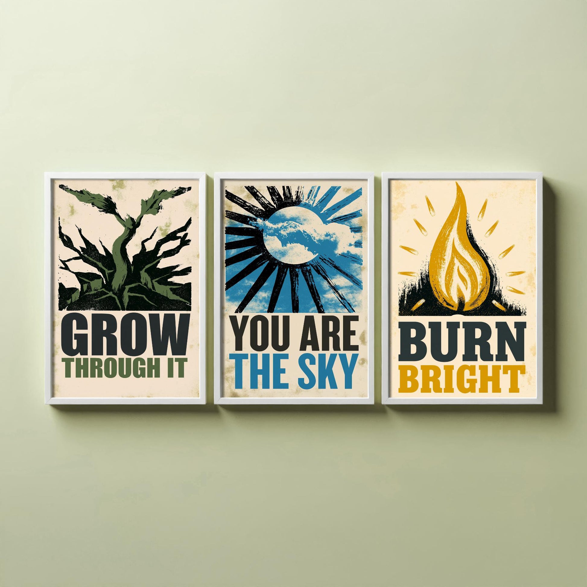 Stillpress Affirmation Set of Three Art Prints - Grow Through It, You Are the Sky, Burn Bright - Vintage Woodcut Quote Posters Illustration