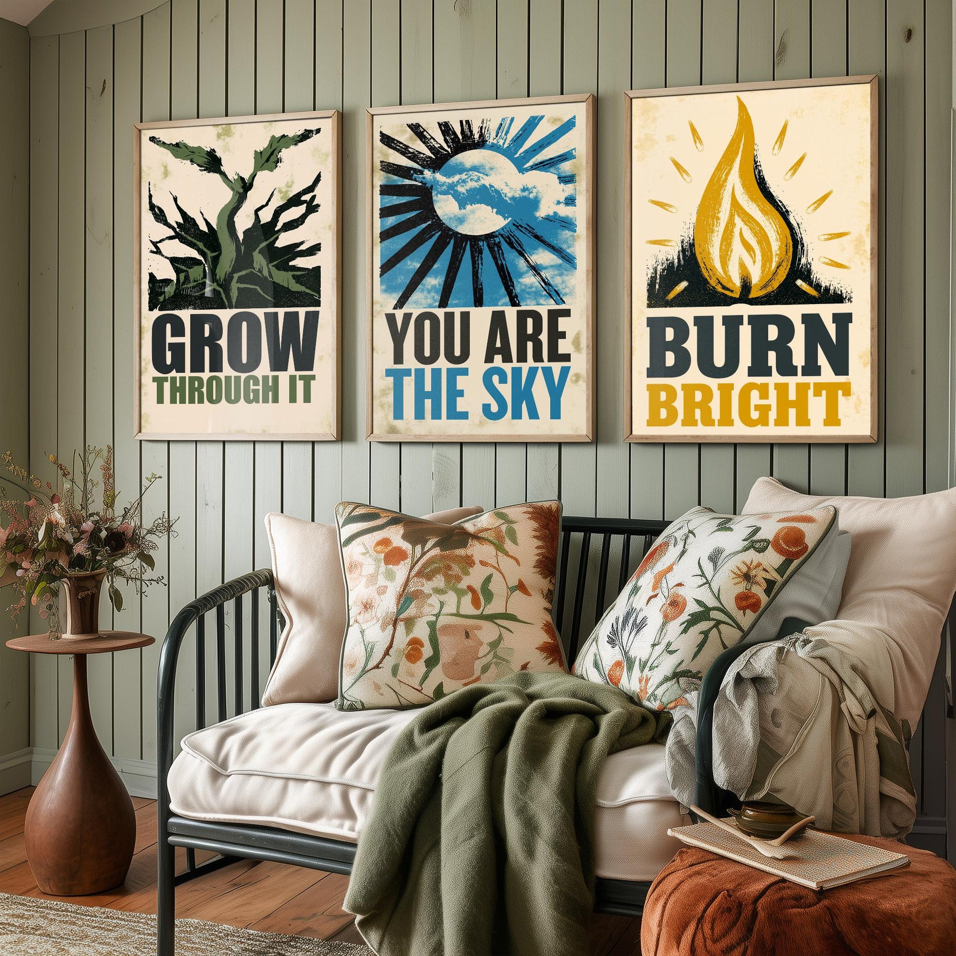 Stillpress Affirmation Set of Three Art Prints - Grow Through It, You Are the Sky, Burn Bright - Vintage Woodcut Quote Posters Illustration