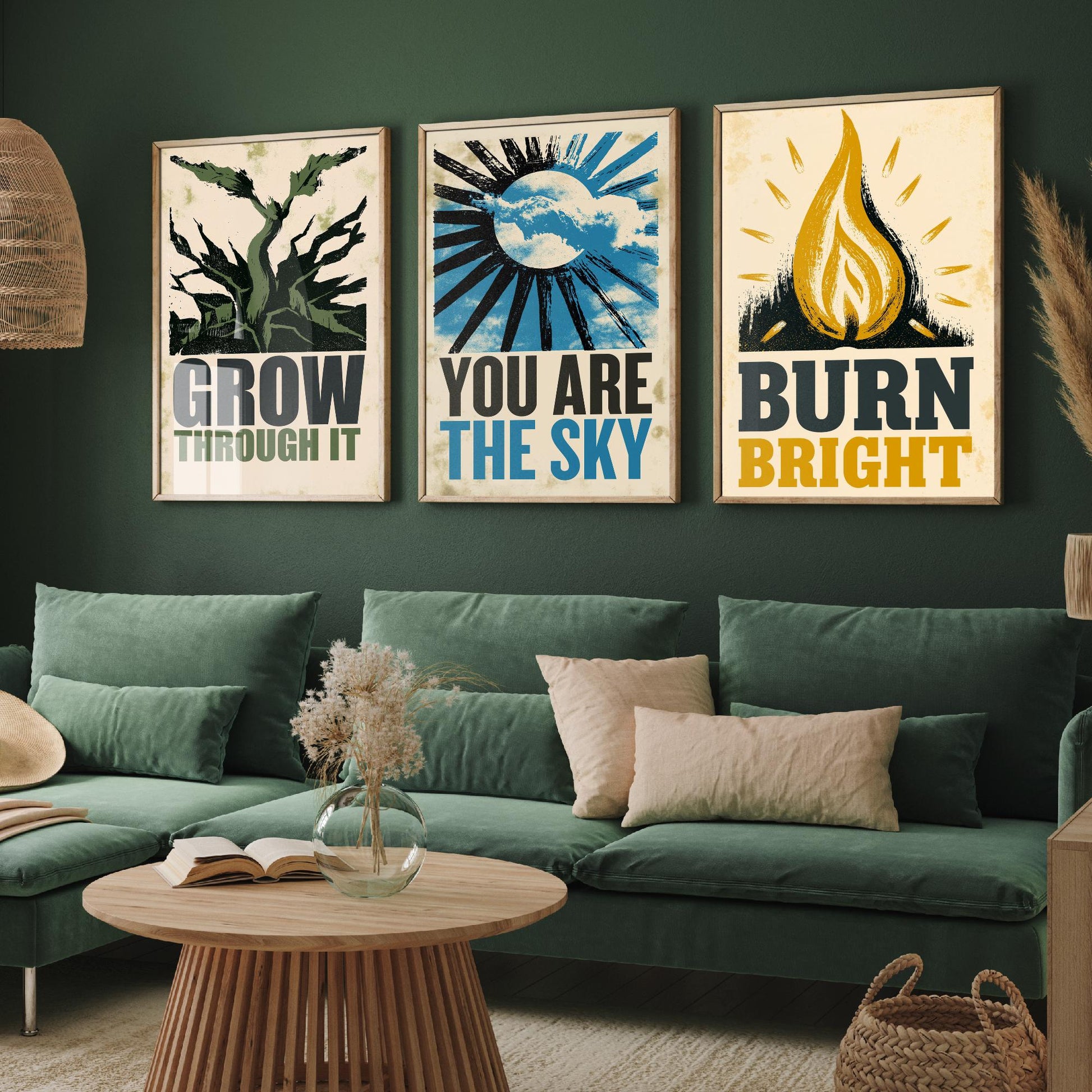 Stillpress Affirmation Set of Three Art Prints - Grow Through It, You Are the Sky, Burn Bright - Vintage Woodcut Quote Posters Illustration