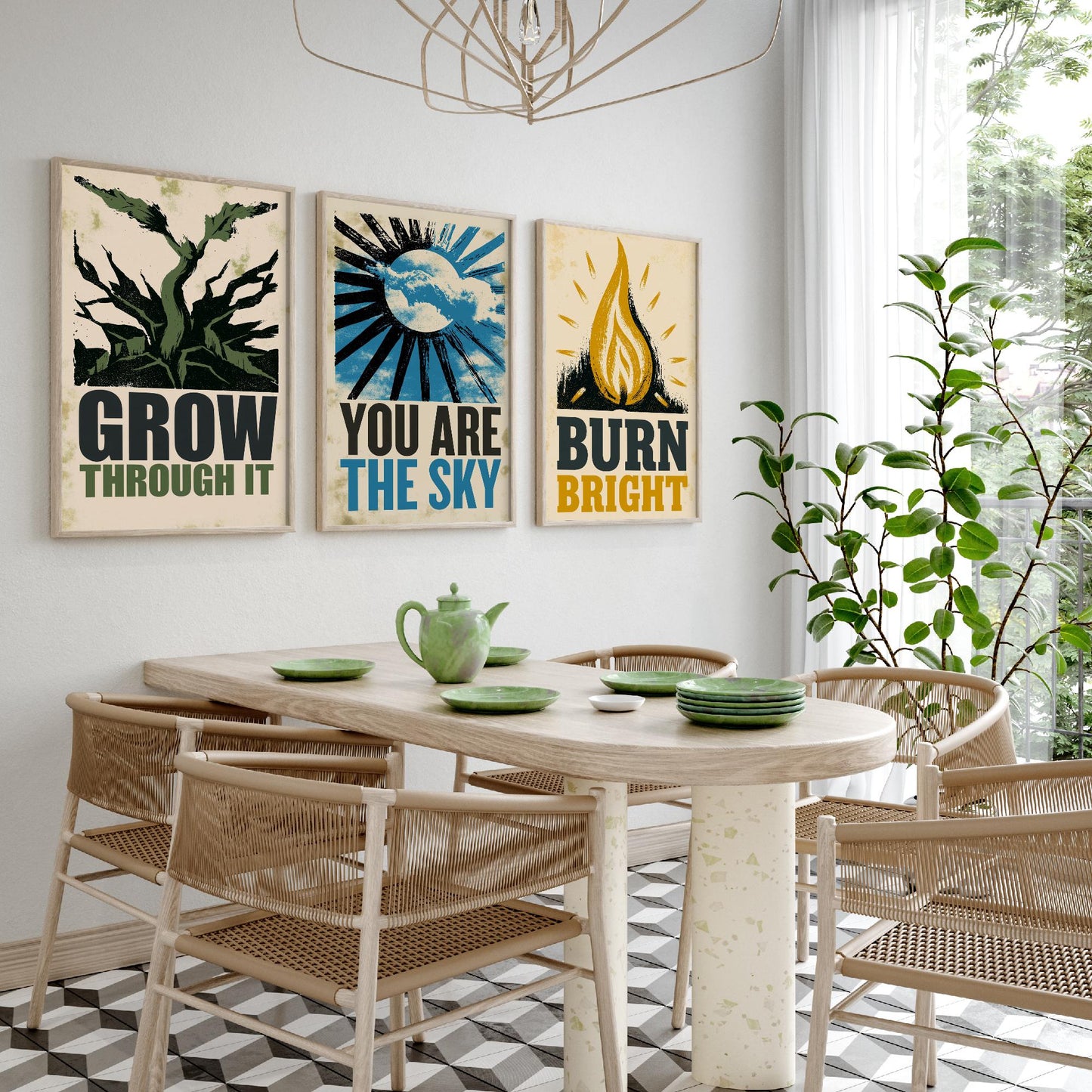 Stillpress Affirmation Set of Three Art Prints - Grow Through It, You Are the Sky, Burn Bright - Vintage Woodcut Quote Posters Illustration