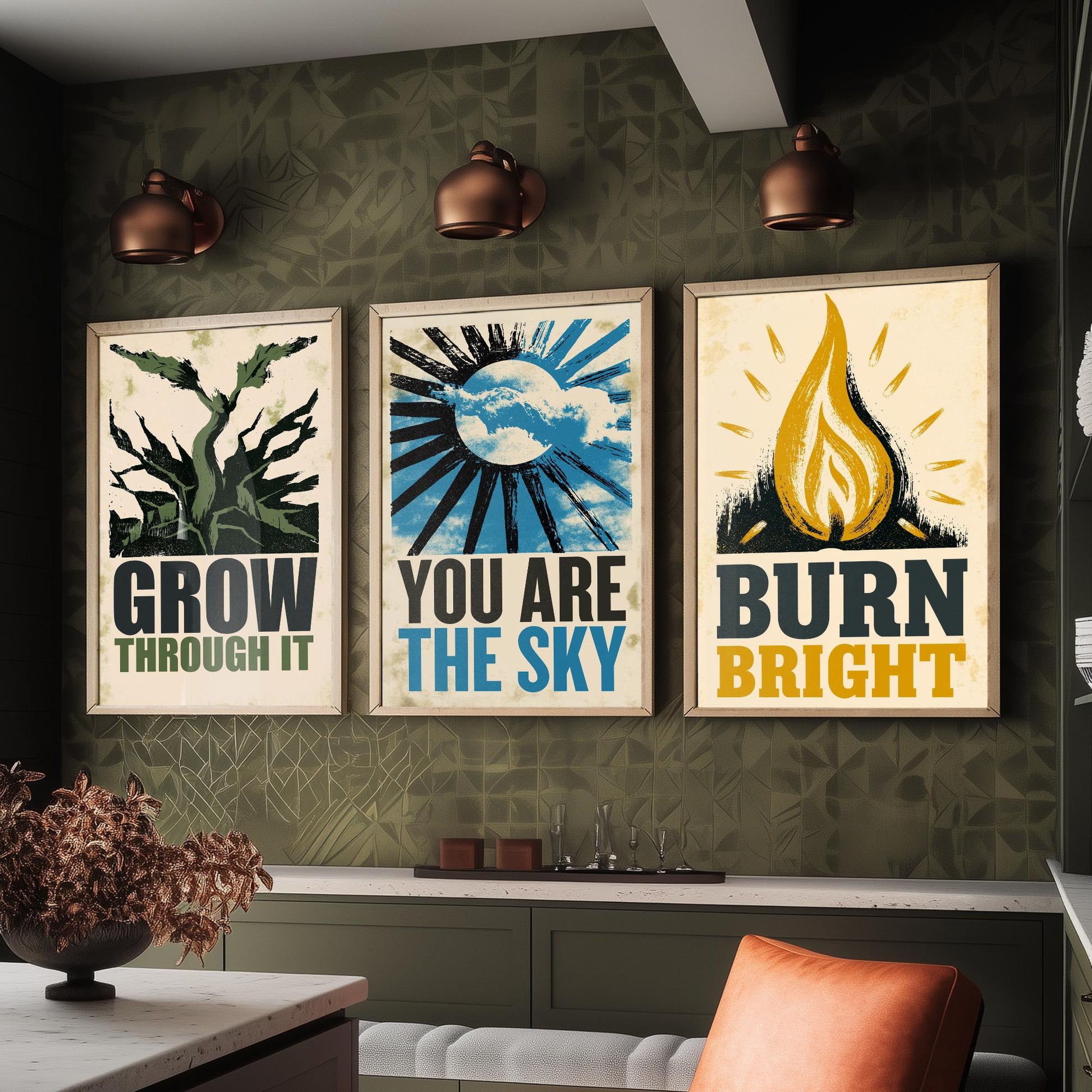 Stillpress Affirmation Set of Three Art Prints - Grow Through It, You Are the Sky, Burn Bright - Vintage Woodcut Quote Posters Illustration