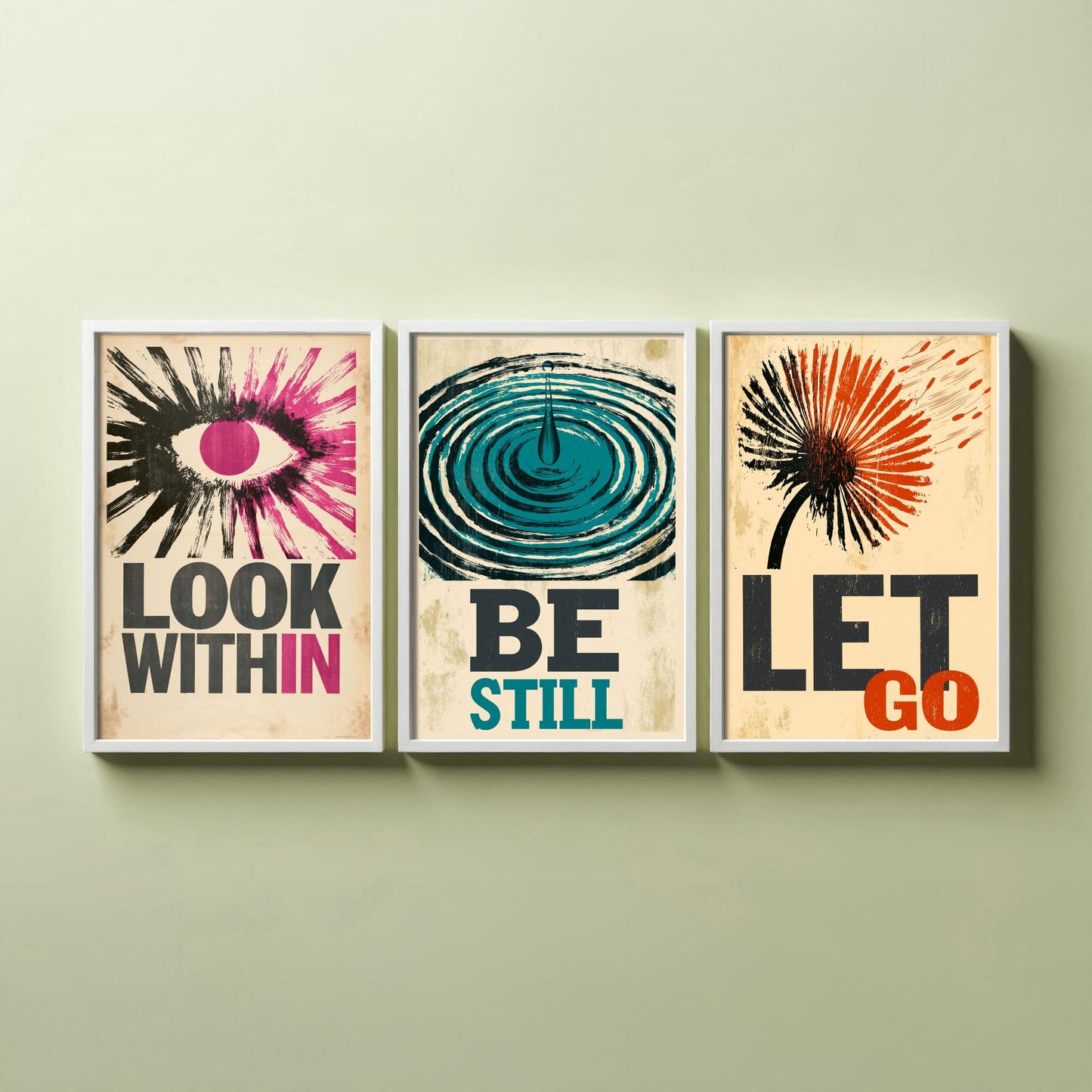 Stillpress Affirmation Set of Three Art Prints - Look Within, Be Still, Let Go - Retro Woodcut Quote Posters - Letterpress Illustration
