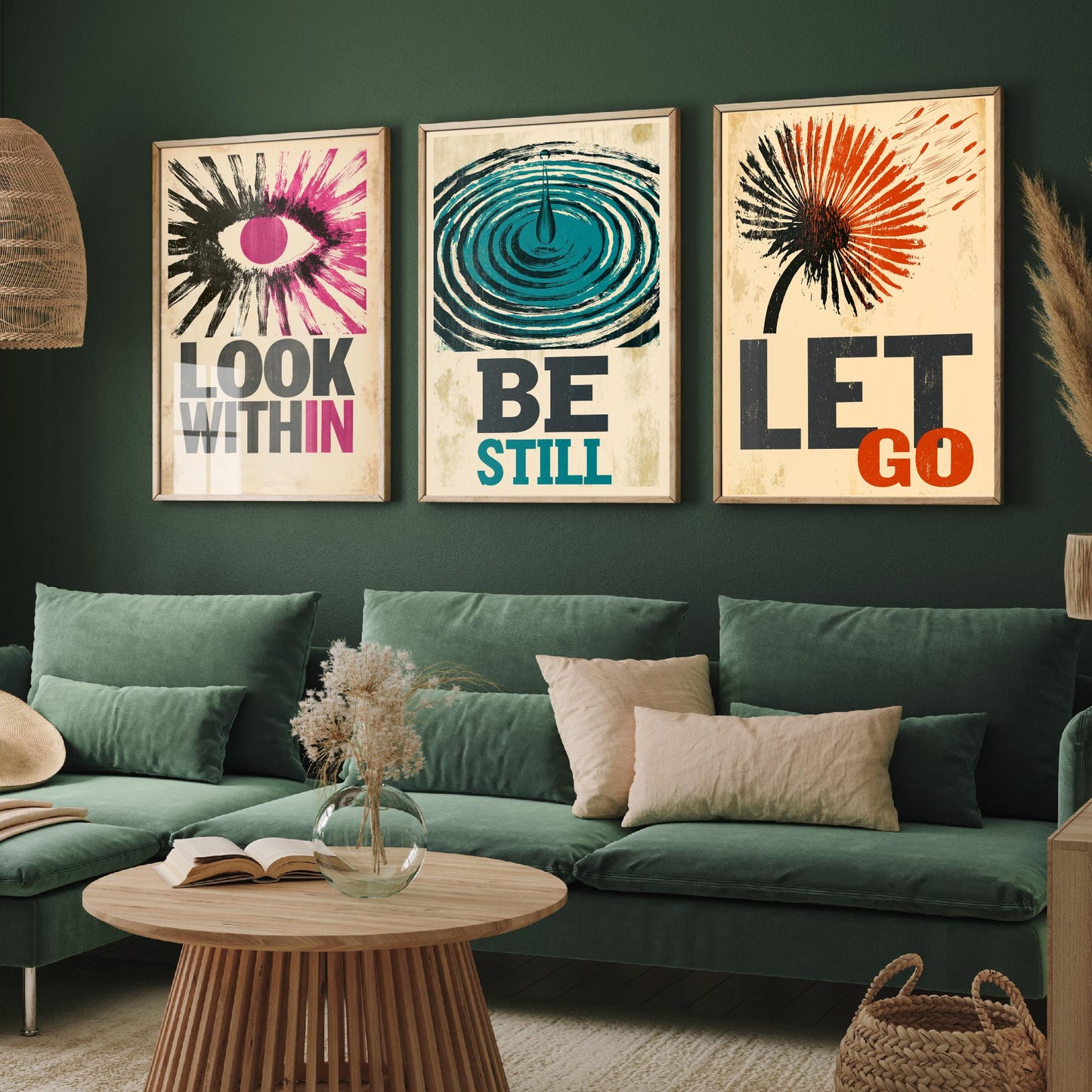 Stillpress Affirmation Set of Three Art Prints - Look Within, Be Still, Let Go - Retro Woodcut Quote Posters - Letterpress Illustration