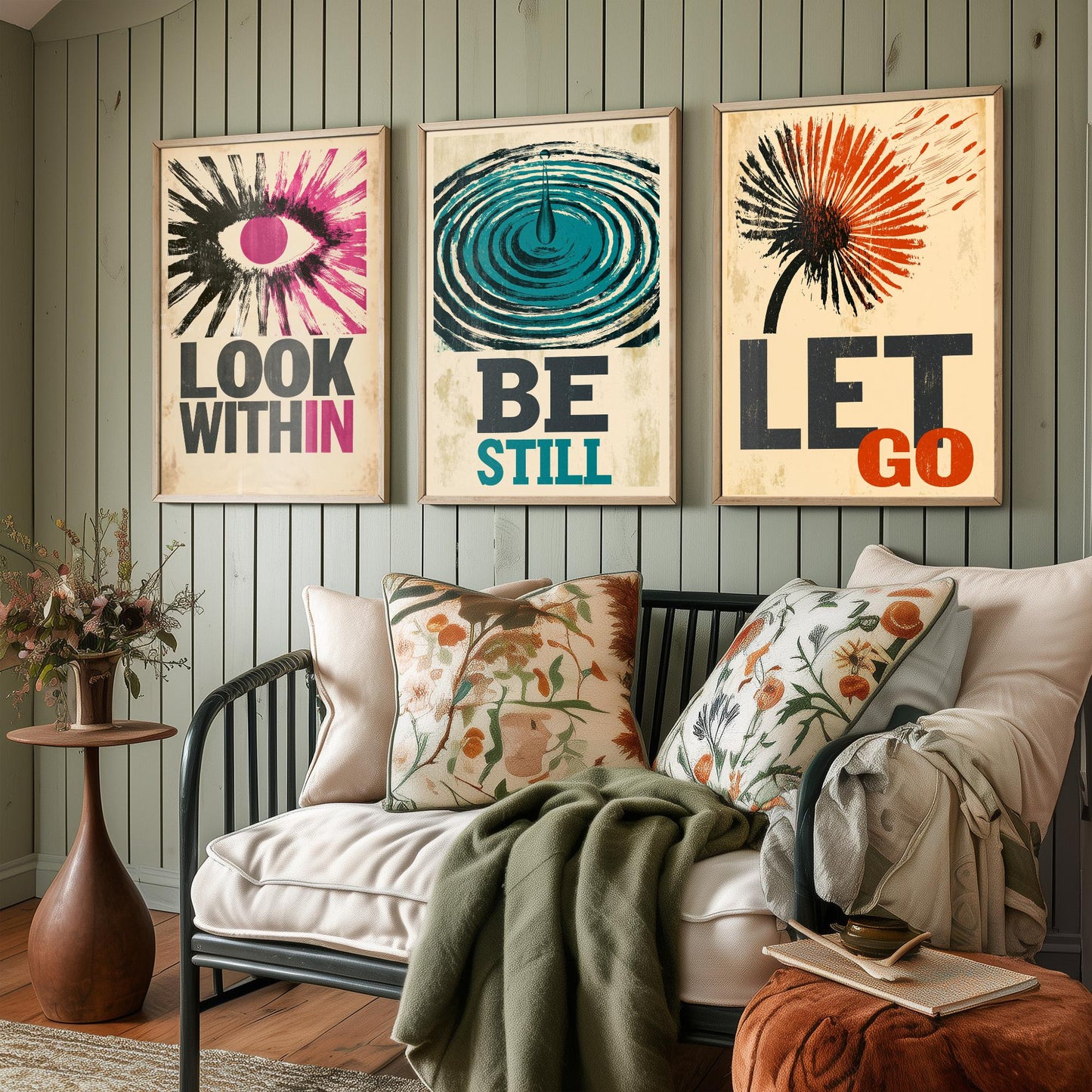 Stillpress Affirmation Set of Three Art Prints - Look Within, Be Still, Let Go - Retro Woodcut Quote Posters - Letterpress Illustration