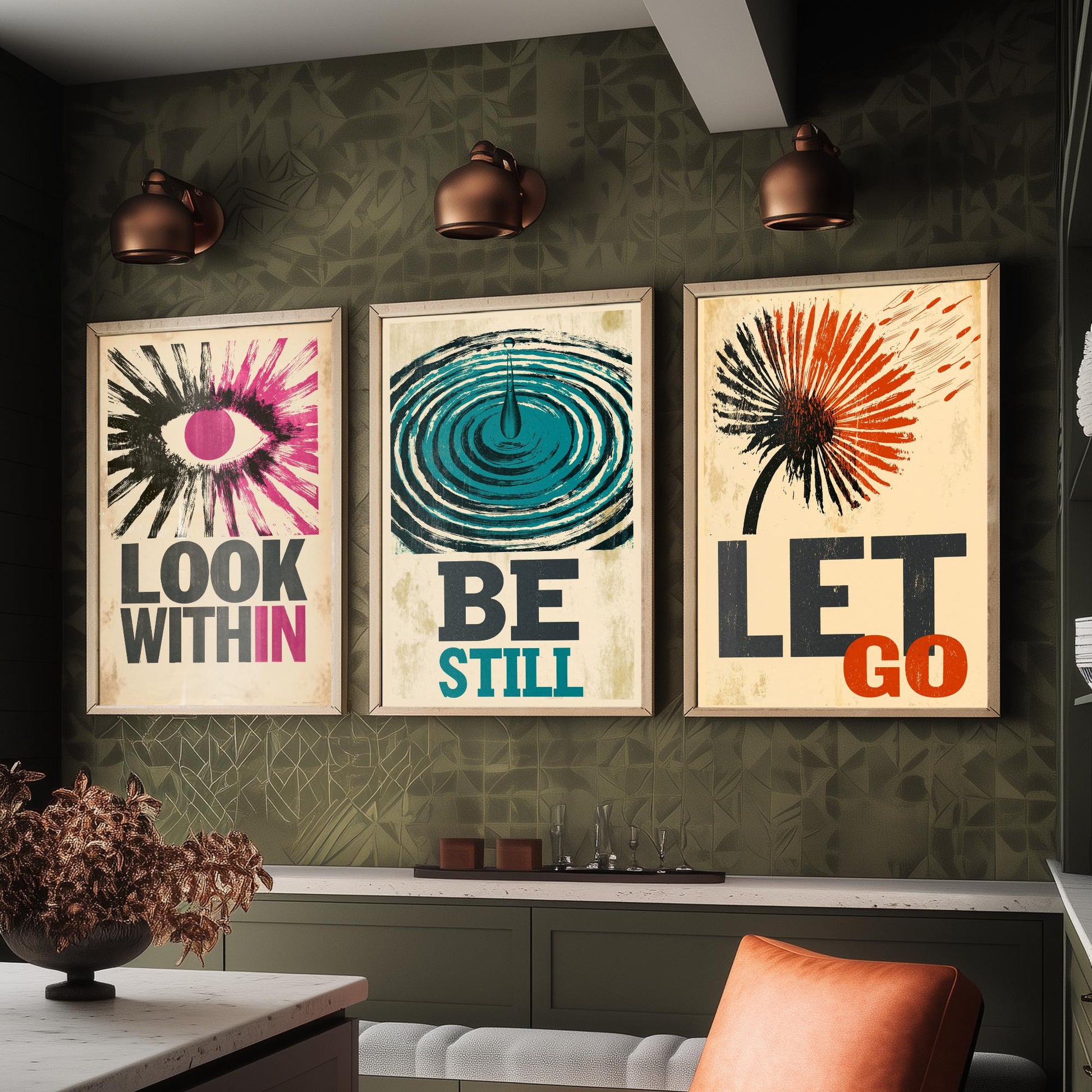 Stillpress Affirmation Set of Three Art Prints - Look Within, Be Still, Let Go - Retro Woodcut Quote Posters - Letterpress Illustration