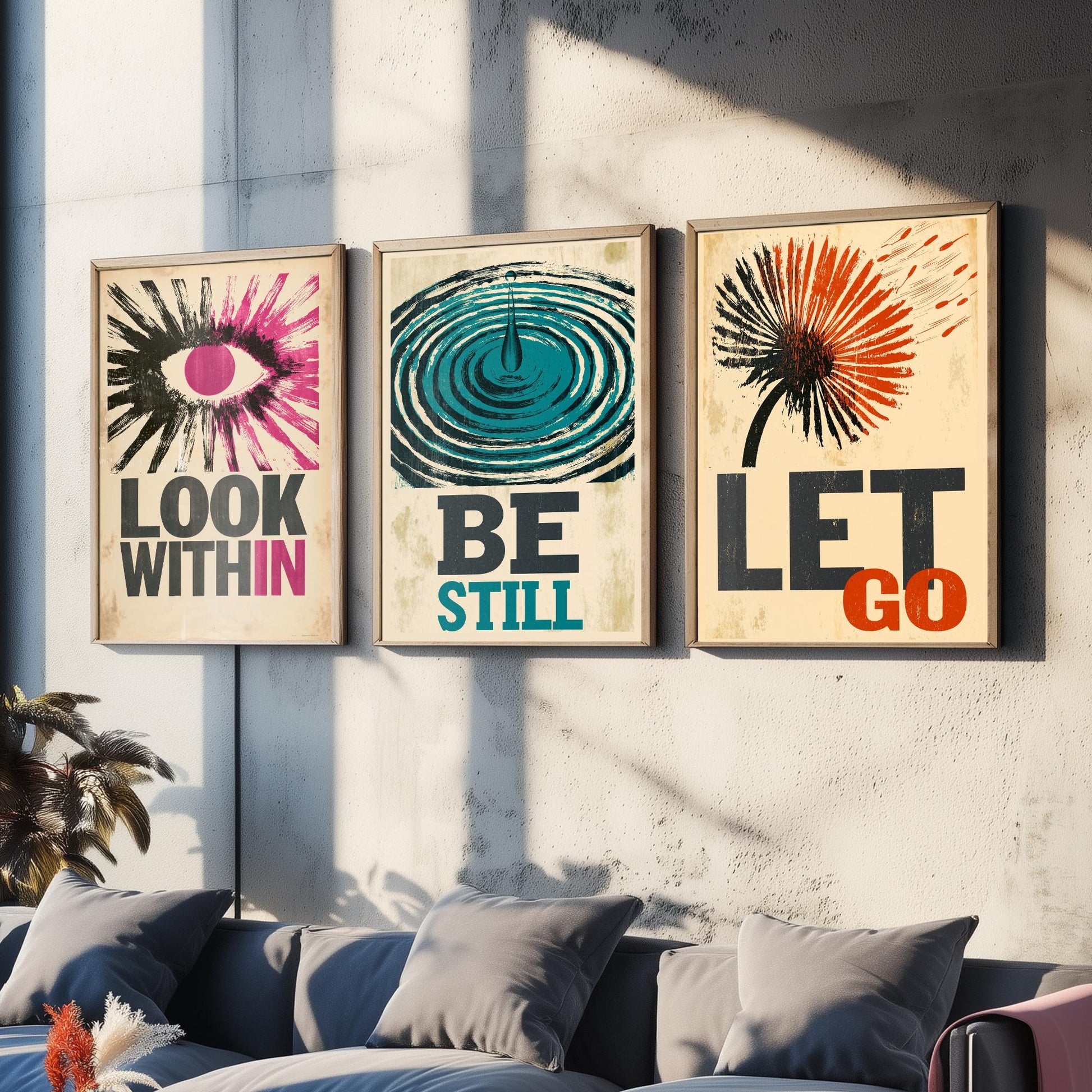 Stillpress Affirmation Set of Three Art Prints - Look Within, Be Still, Let Go - Retro Woodcut Quote Posters - Letterpress Illustration