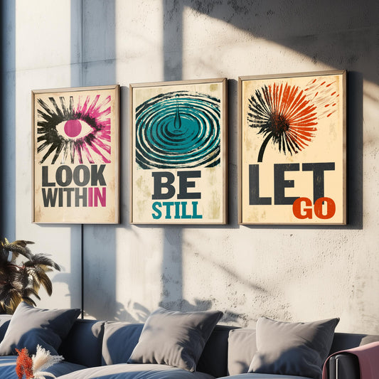 Stillpress Affirmation Set of Three Art Prints - Look Within, Be Still, Let Go - Retro Woodcut Quote Posters - Letterpress Illustration