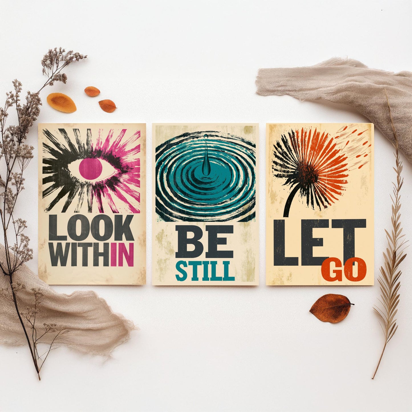 Stillpress Affirmation Set of Three Art Prints - Look Within, Be Still, Let Go - Retro Woodcut Quote Posters - Letterpress Illustration