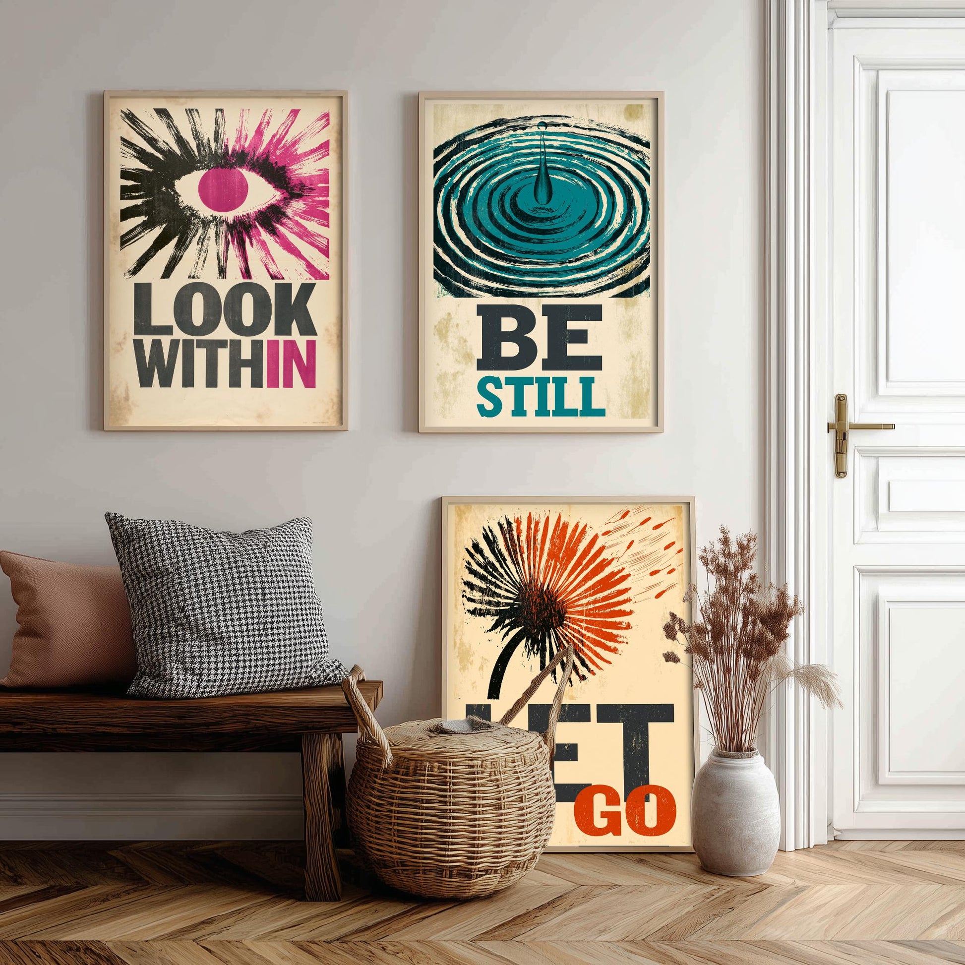 Stillpress Affirmation Set of Three Art Prints - Look Within, Be Still, Let Go - Retro Woodcut Quote Posters - Letterpress Illustration
