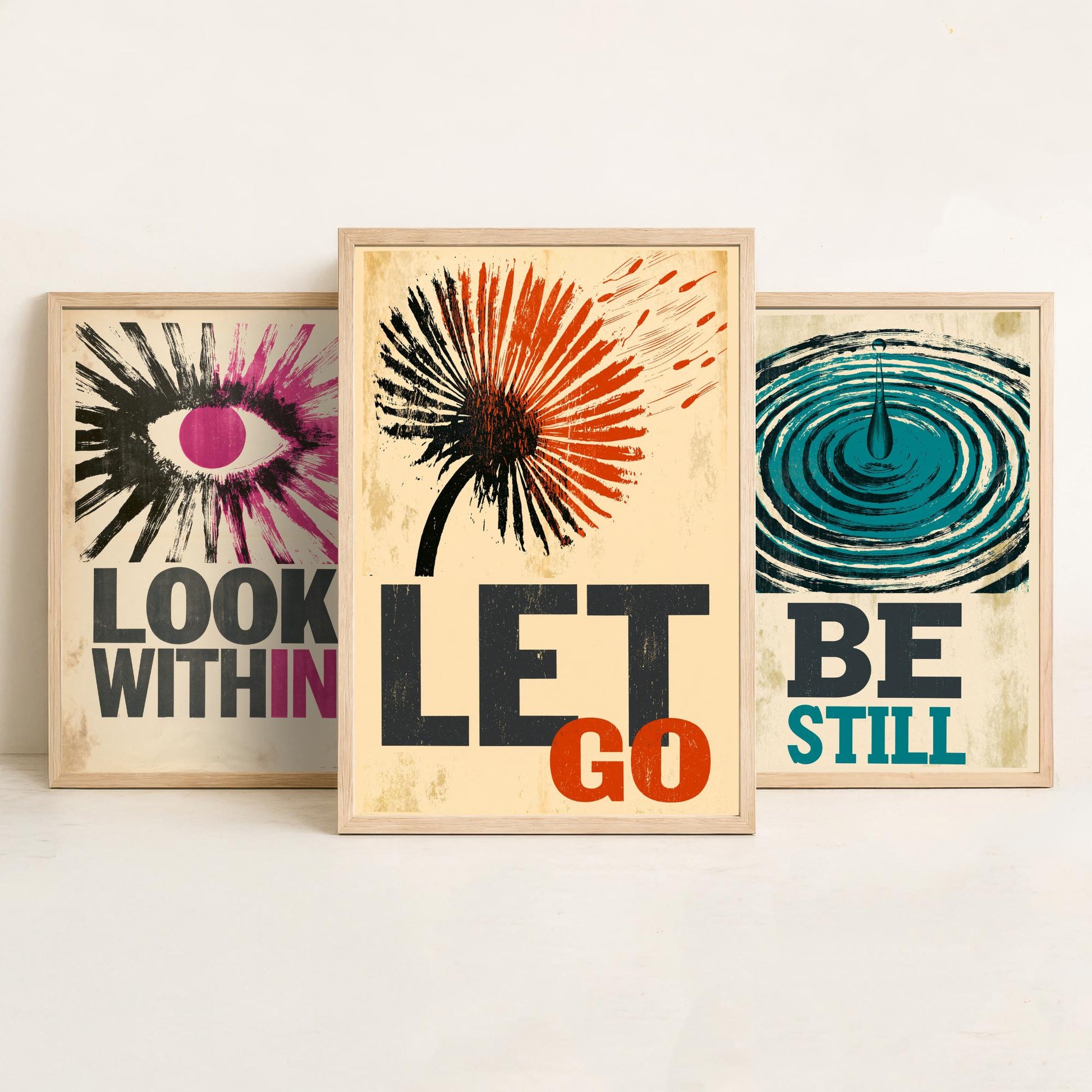 Stillpress Affirmation Set of Three Art Prints - Look Within, Be Still, Let Go - Retro Woodcut Quote Posters - Letterpress Illustration
