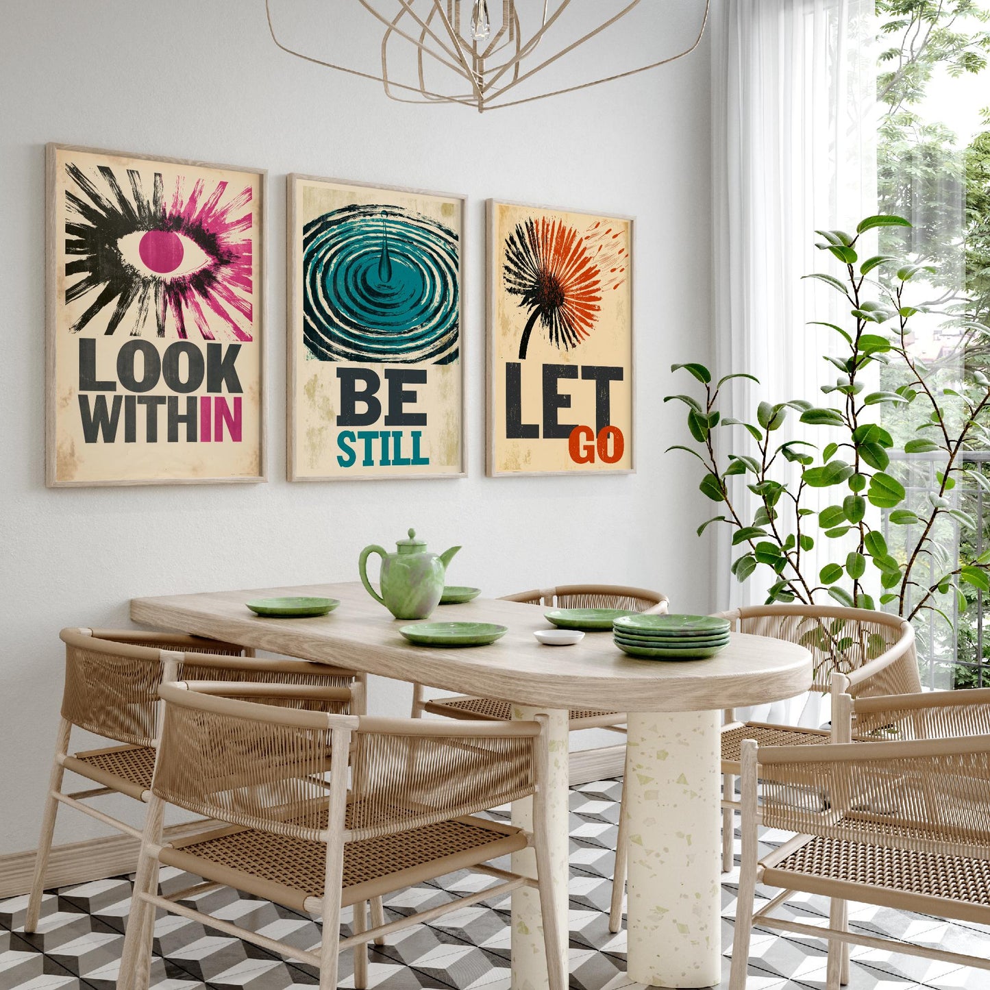 Stillpress Affirmation Set of Three Art Prints - Look Within, Be Still, Let Go - Retro Woodcut Quote Posters - Letterpress Illustration