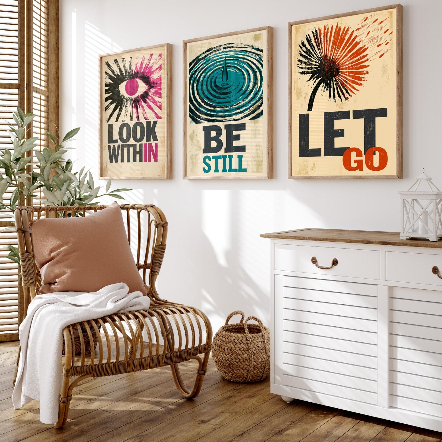 Stillpress Affirmation Set of Three Art Prints - Look Within, Be Still, Let Go - Retro Woodcut Quote Posters - Letterpress Illustration