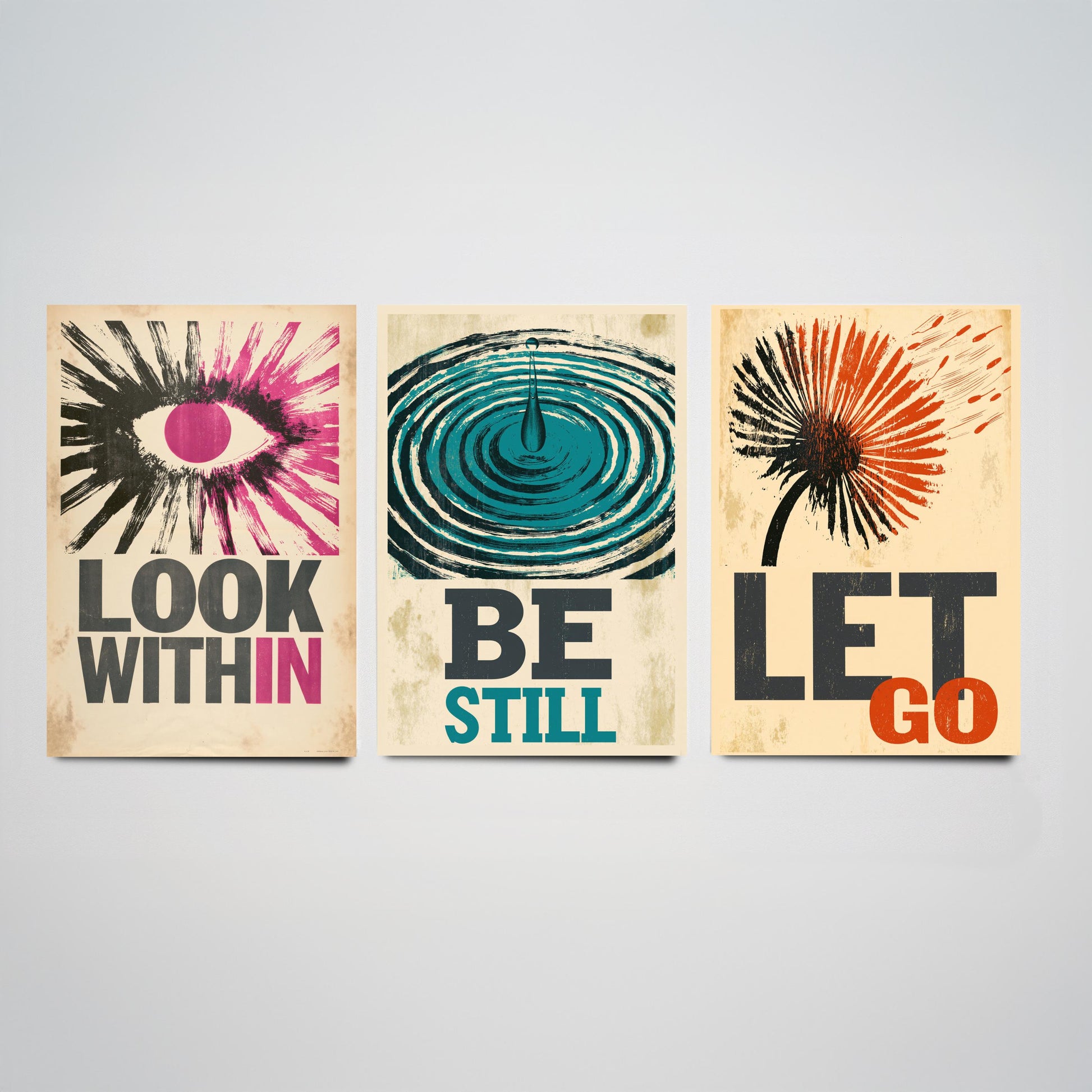 Stillpress Affirmation Set of Three Art Prints - Look Within, Be Still, Let Go - Retro Woodcut Quote Posters - Letterpress Illustration