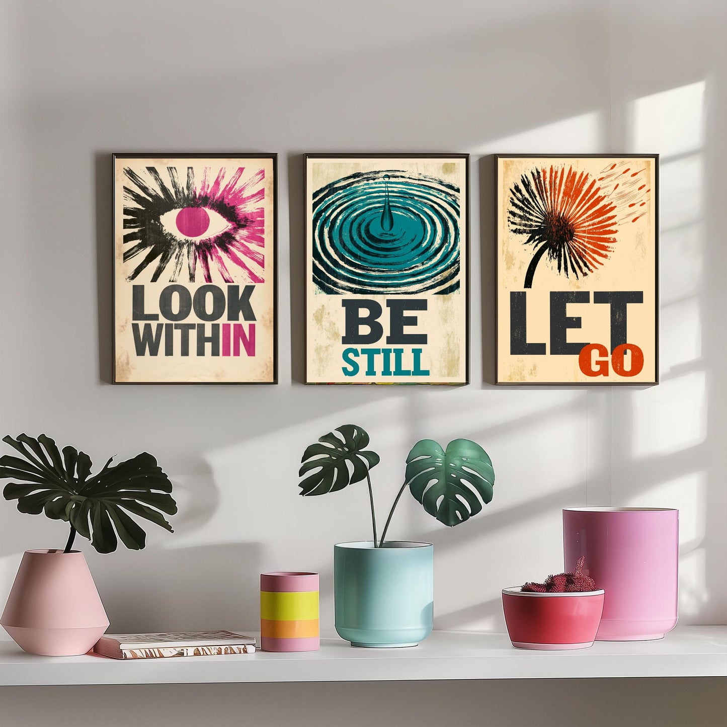 Stillpress Affirmation Set of Three Art Prints - Look Within, Be Still, Let Go - Retro Woodcut Quote Posters - Letterpress Illustration