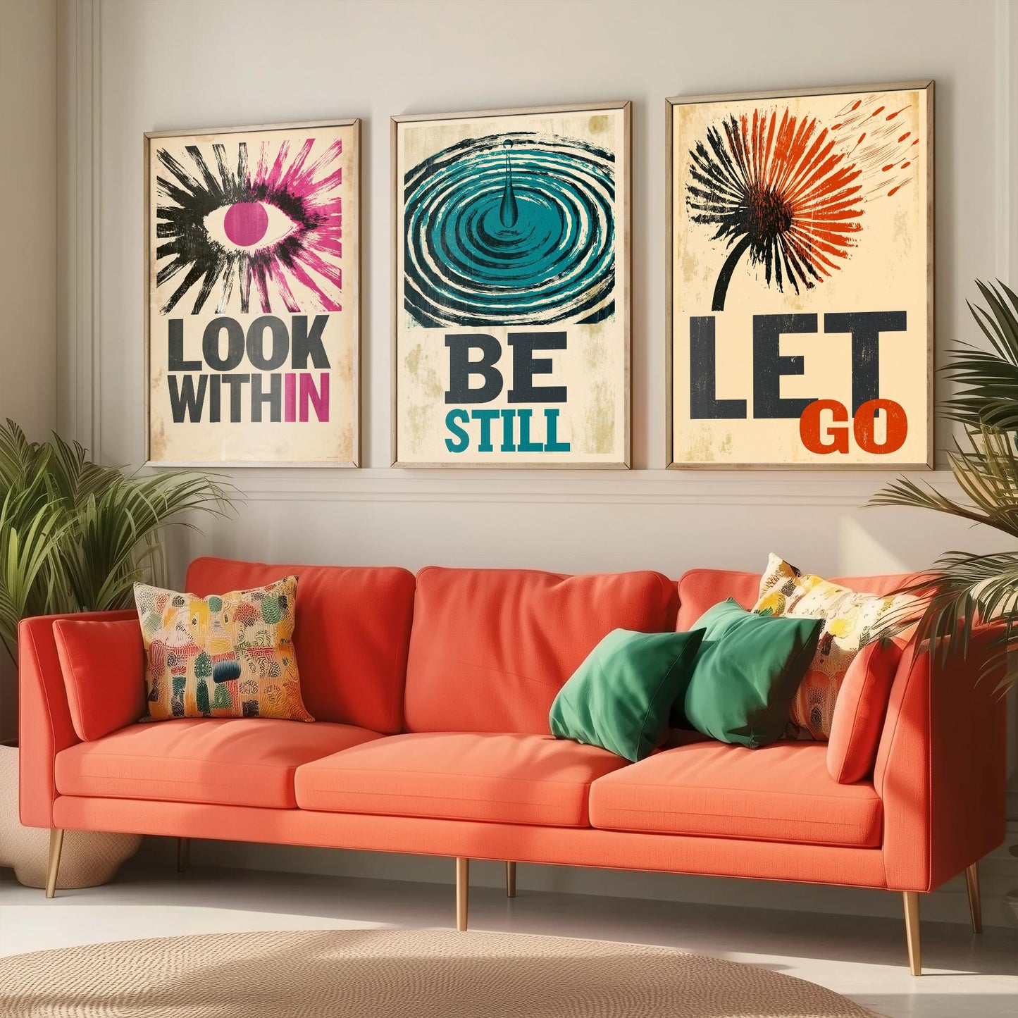 Stillpress Affirmation Set of Three Art Prints - Look Within, Be Still, Let Go - Retro Woodcut Quote Posters - Letterpress Illustration