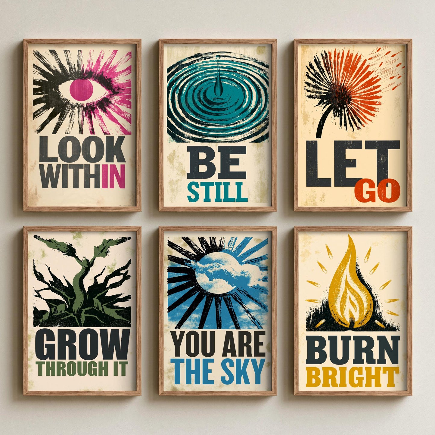 Set of Six Stillpress Affirmation Art Prints - Look Within, Be Still, Let Go, Grow Through It, You Are the Sky, Burn Bright - Woodcut Poster