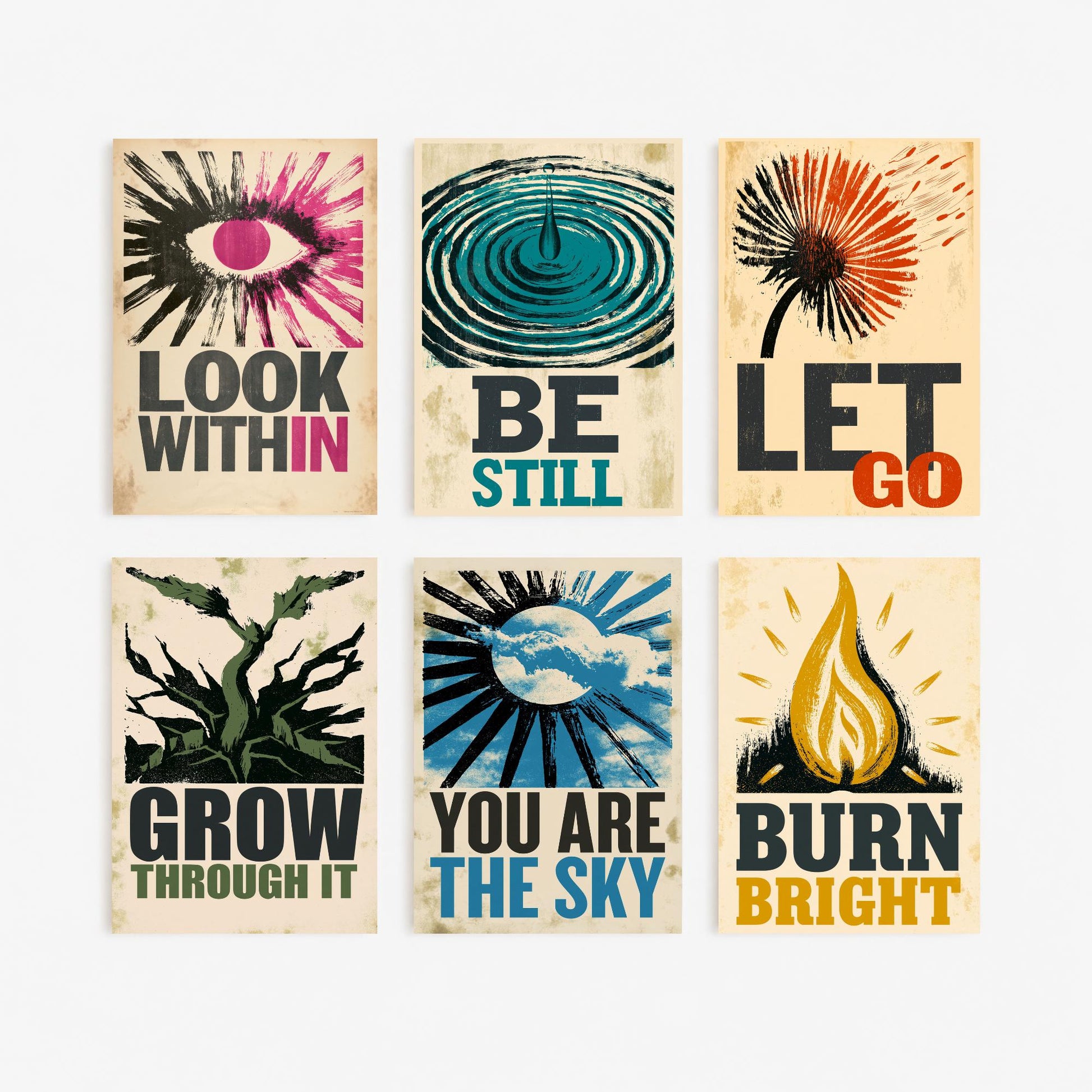 Set of Six Stillpress Affirmation Art Prints - Look Within, Be Still, Let Go, Grow Through It, You Are the Sky, Burn Bright - Woodcut Poster