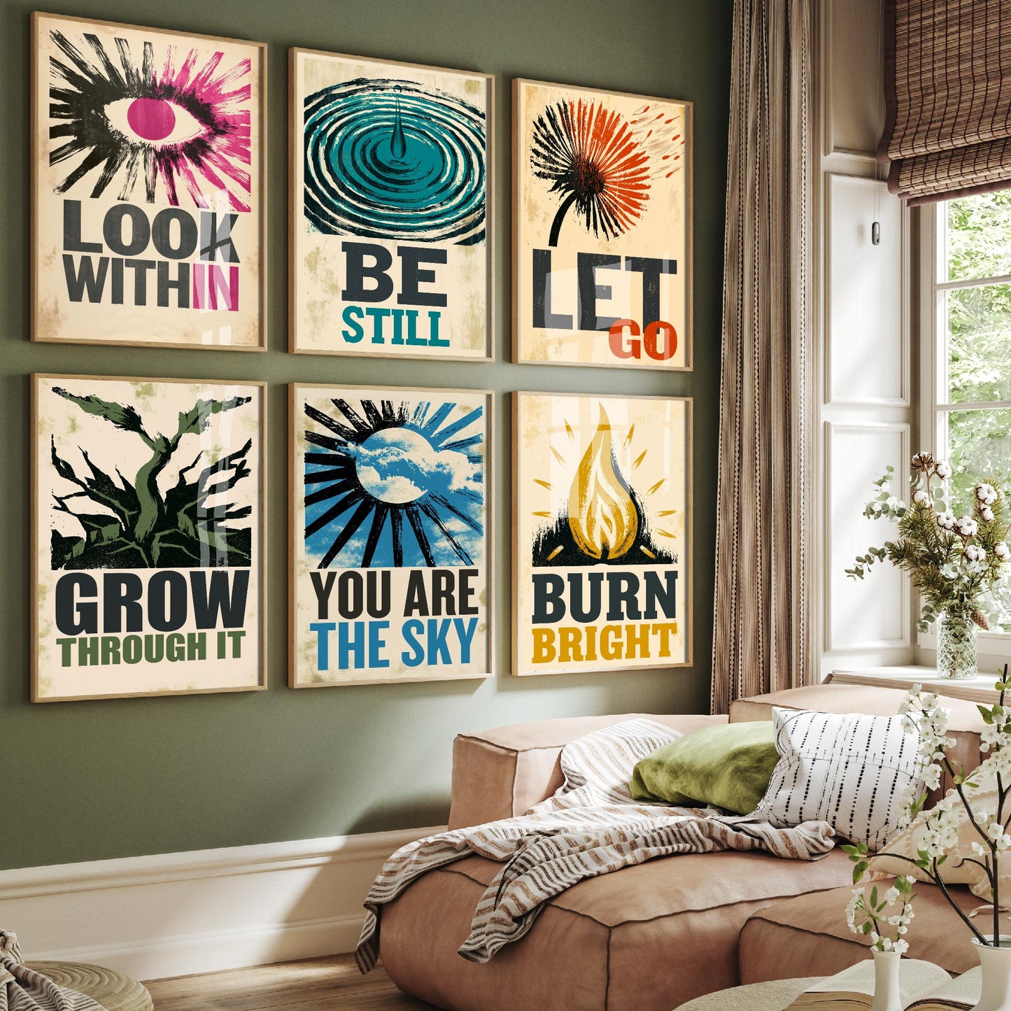 Set of Six Stillpress Affirmation Art Prints - Look Within, Be Still, Let Go, Grow Through It, You Are the Sky, Burn Bright - Woodcut Poster