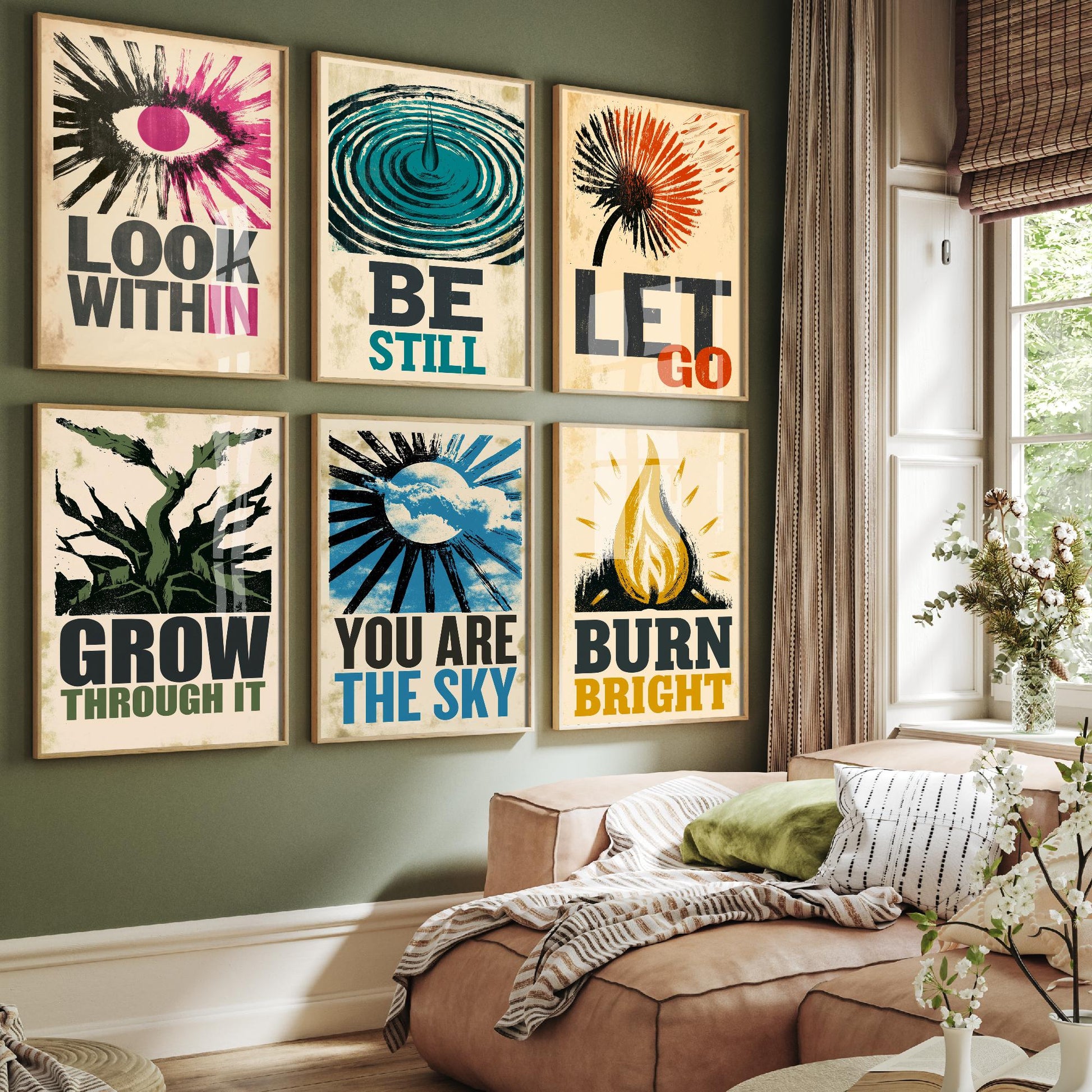 Set of Six Stillpress Affirmation Art Prints - Look Within, Be Still, Let Go, Grow Through It, You Are the Sky, Burn Bright - Woodcut Poster