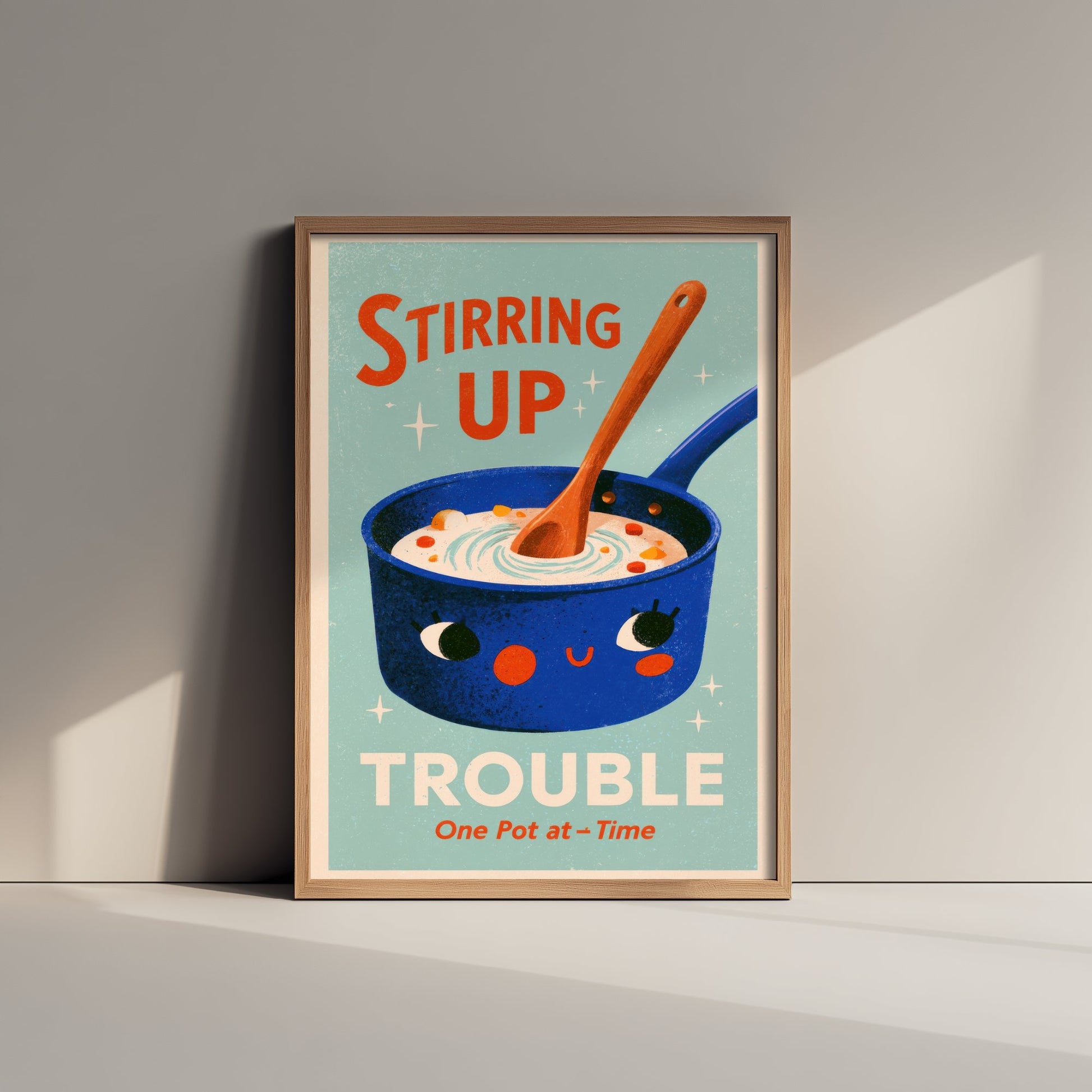 Stirring Up Trouble Kitchen Pun Art Print - Retro Saucepan Poster - Mid Century Cooking Illustration V1