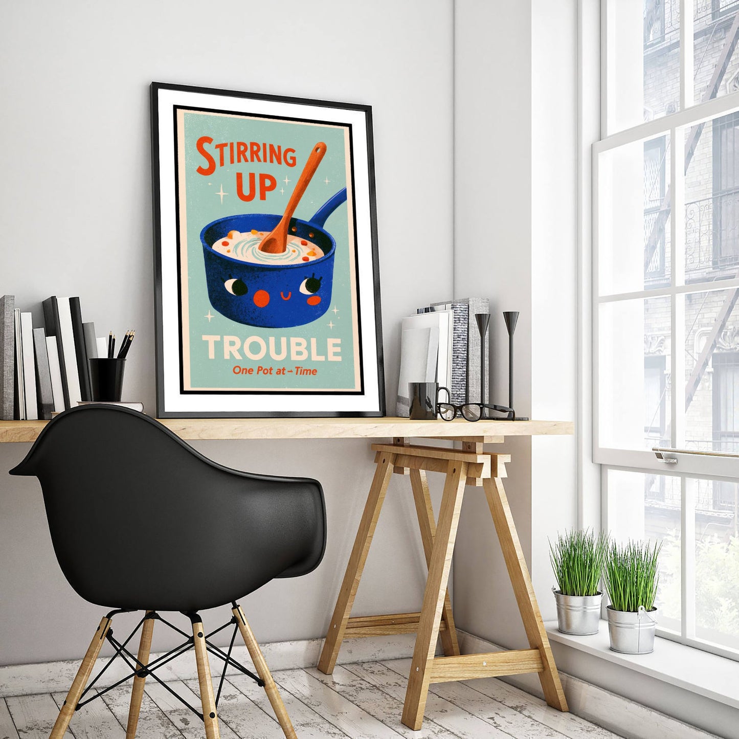 Stirring Up Trouble Kitchen Pun Art Print - Retro Saucepan Poster - Mid Century Cooking Illustration V1