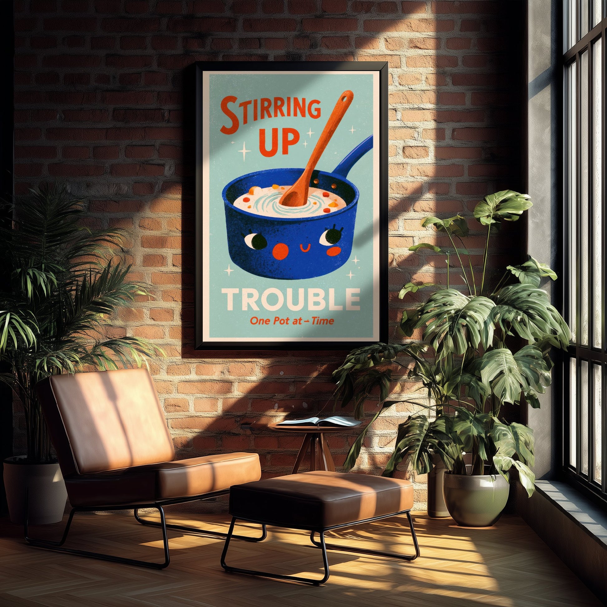 Stirring Up Trouble Kitchen Pun Art Print - Retro Saucepan Poster - Mid Century Cooking Illustration V1