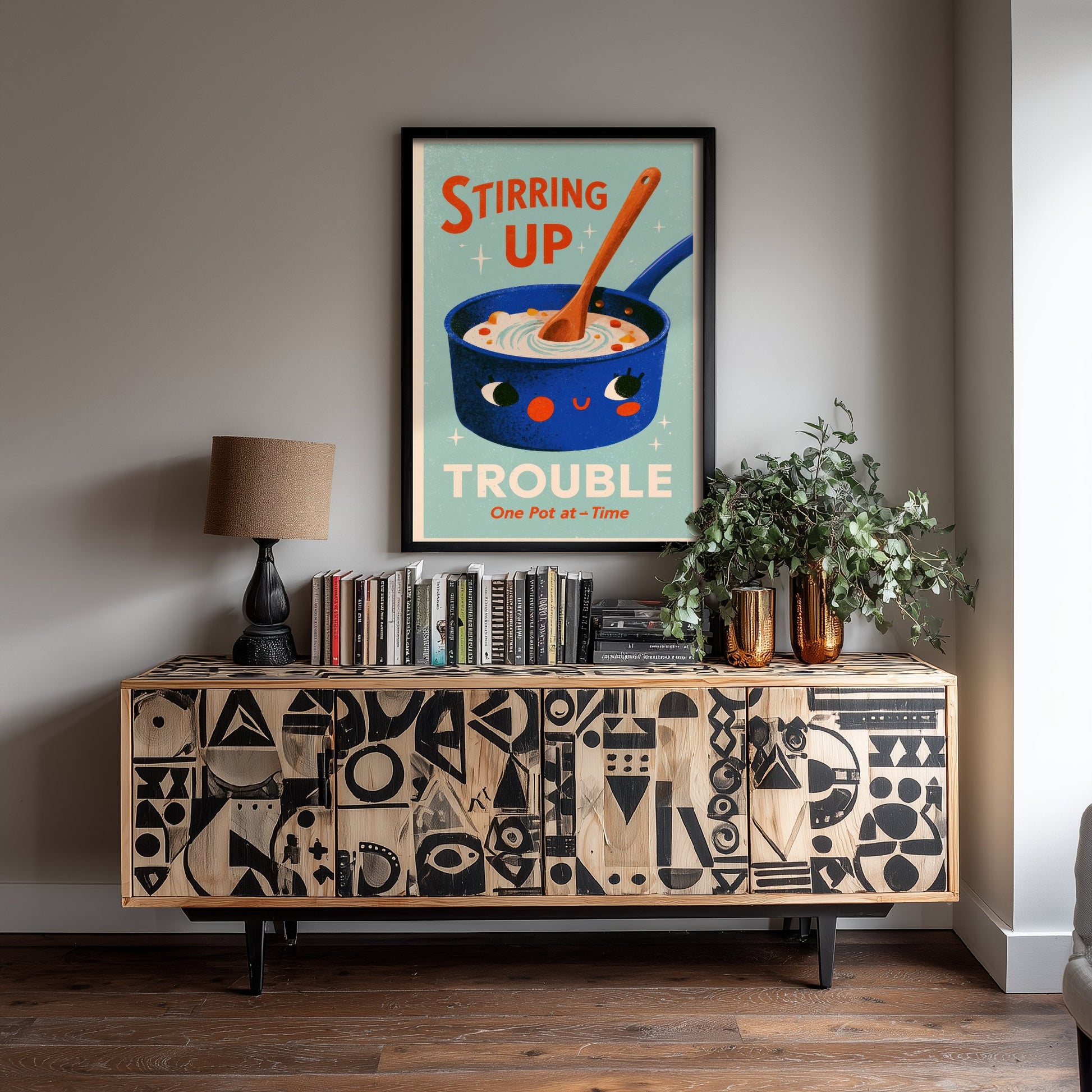 Stirring Up Trouble Kitchen Pun Art Print - Retro Saucepan Poster - Mid Century Cooking Illustration V1