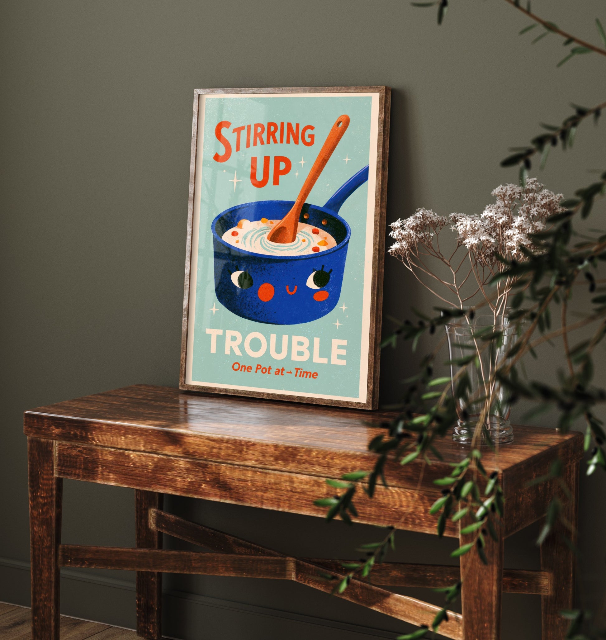 Stirring Up Trouble Kitchen Pun Art Print - Retro Saucepan Poster - Mid Century Cooking Illustration V1