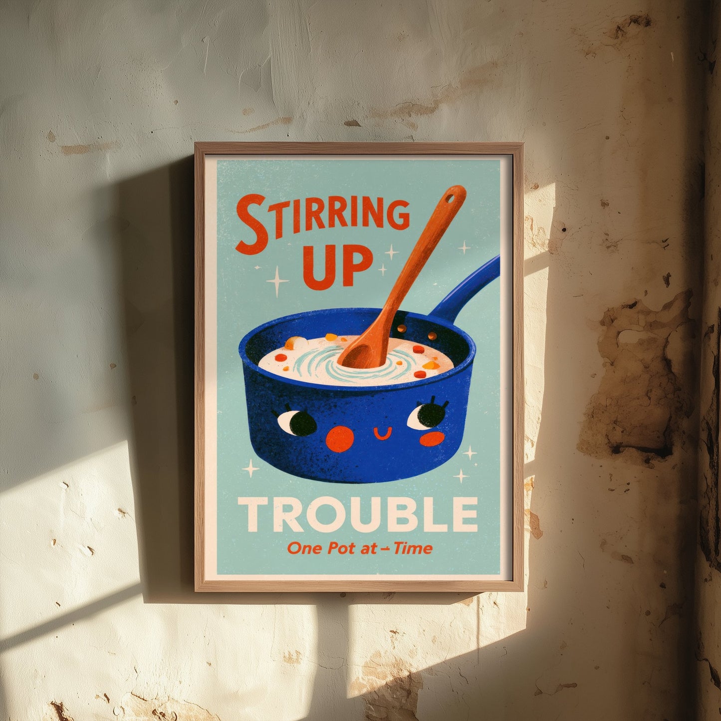 Stirring Up Trouble Kitchen Pun Art Print - Retro Saucepan Poster - Mid Century Cooking Illustration V1