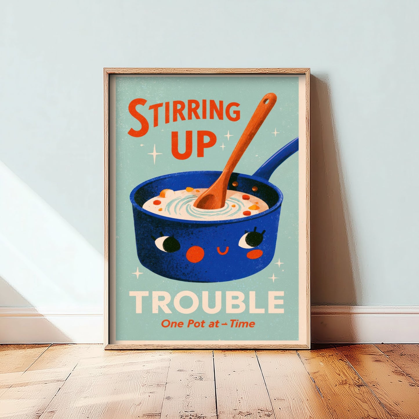 Stirring Up Trouble Kitchen Pun Art Print - Retro Saucepan Poster - Mid Century Cooking Illustration V1