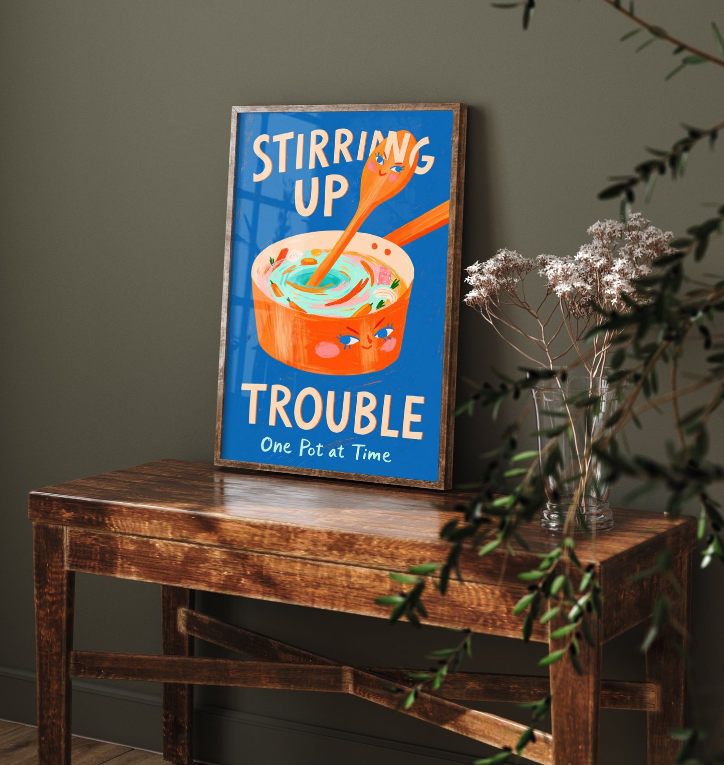 Stirring Up Trouble Art Print - Painterly Soup Pot Poster - Funny Cooking Pun Illustration V2