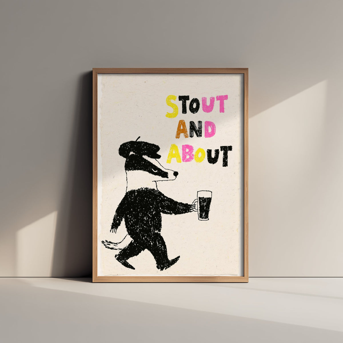 Stout and About Badger Print - Pub Poster with Pint of Stout - Black Crayon Illustration for Home Bar