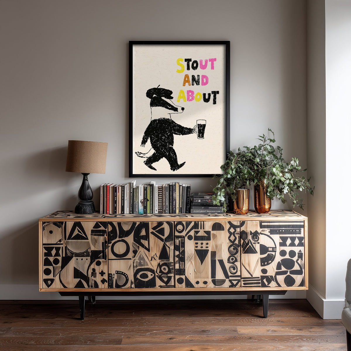 Stout and About Badger Print - Pub Poster with Pint of Stout - Black Crayon Illustration for Home Bar