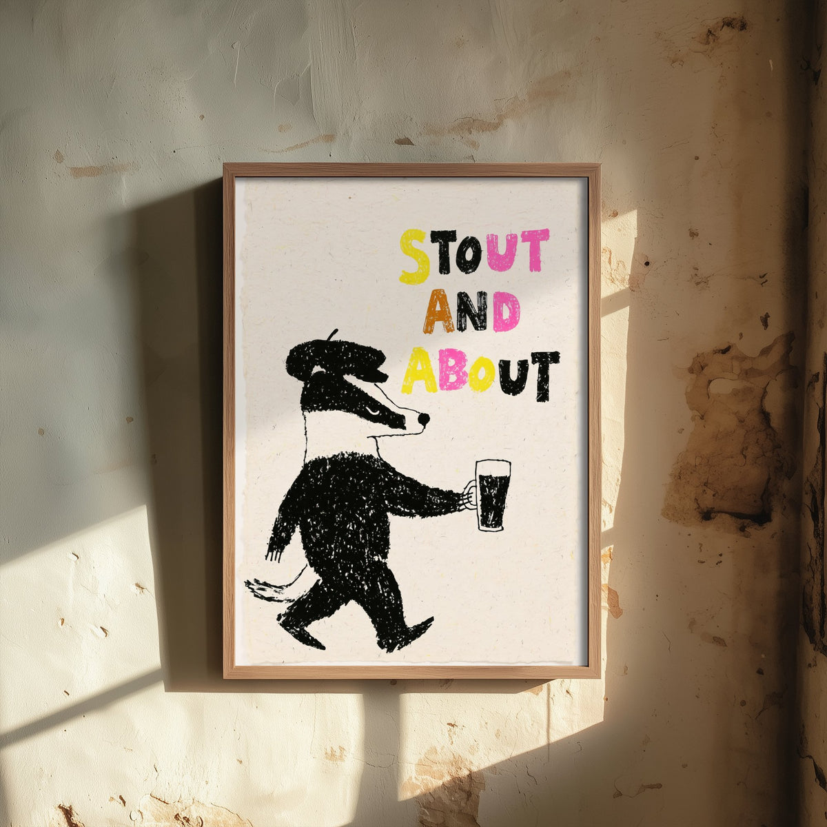 Stout and About Badger Print - Pub Poster with Pint of Stout - Black Crayon Illustration for Home Bar