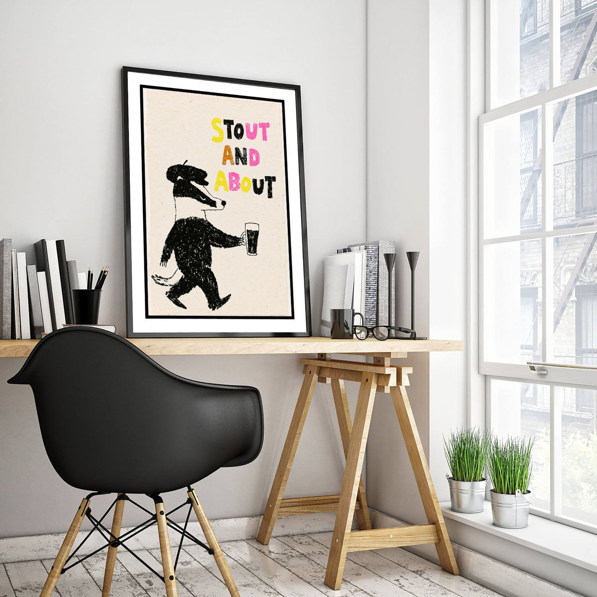 Stout and About Badger Print - Pub Poster with Pint of Stout - Black Crayon Illustration for Home Bar