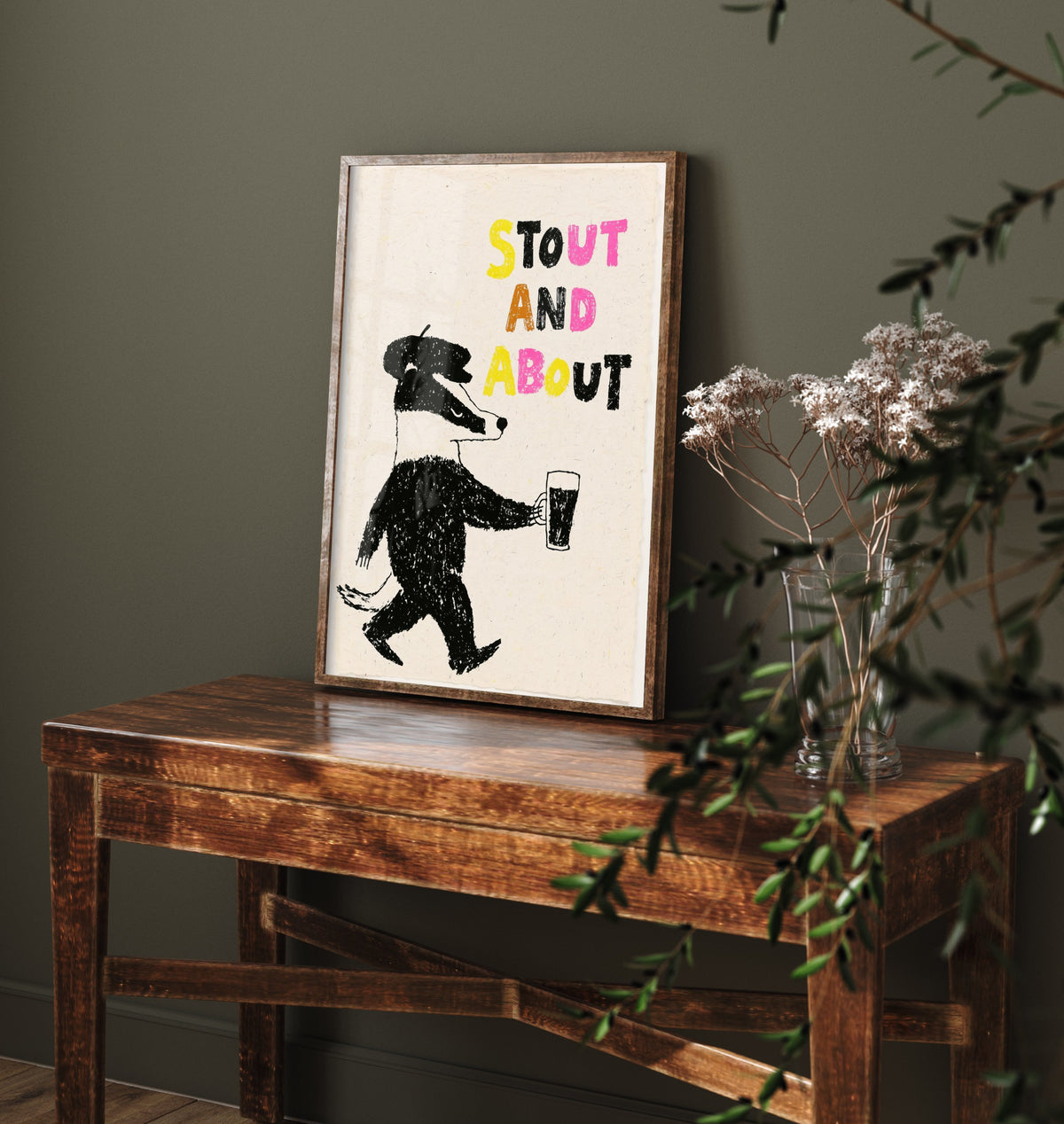 Stout and About Badger Print - Pub Poster with Pint of Stout - Black Crayon Illustration for Home Bar