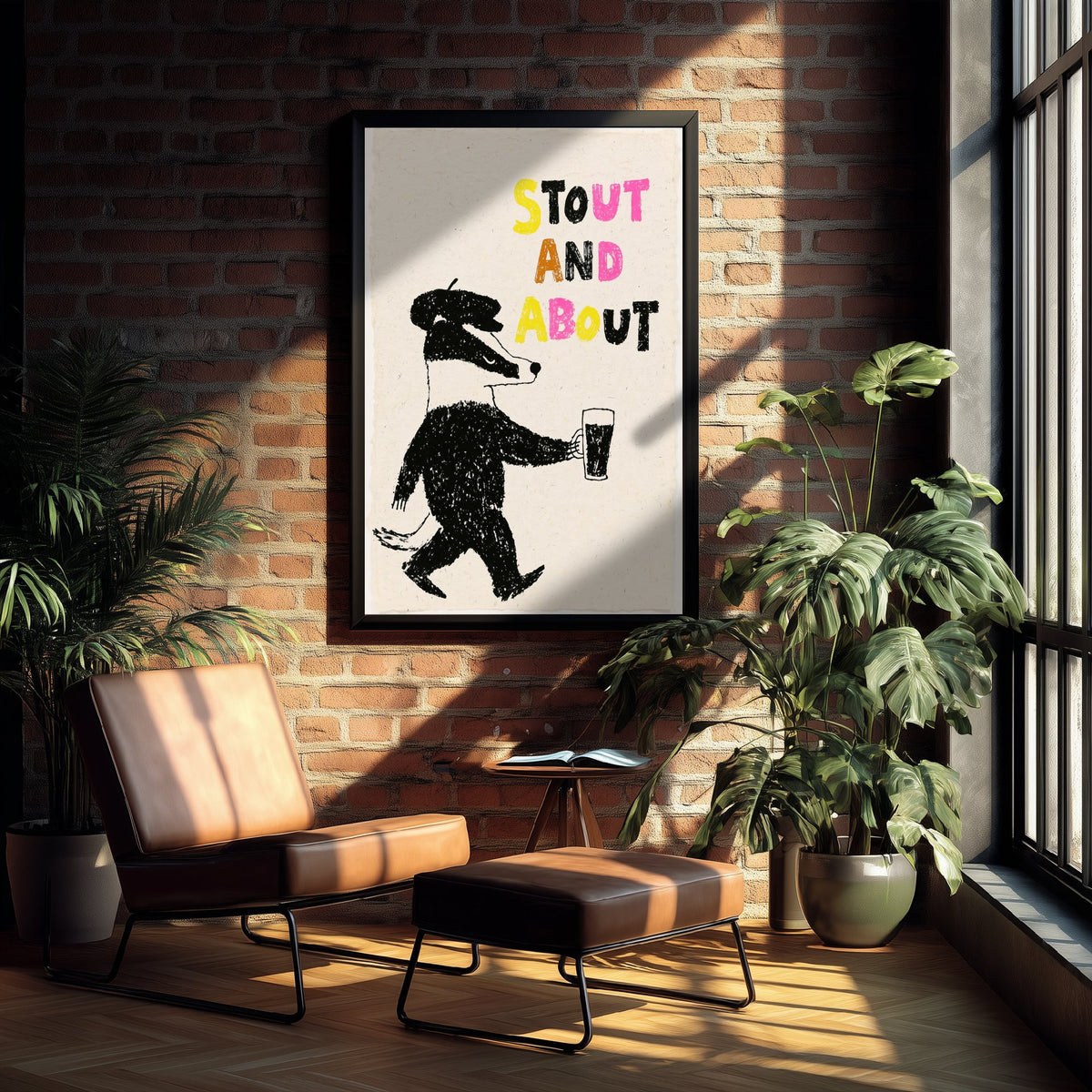 Stout and About Badger Print - Pub Poster with Pint of Stout - Black Crayon Illustration for Home Bar