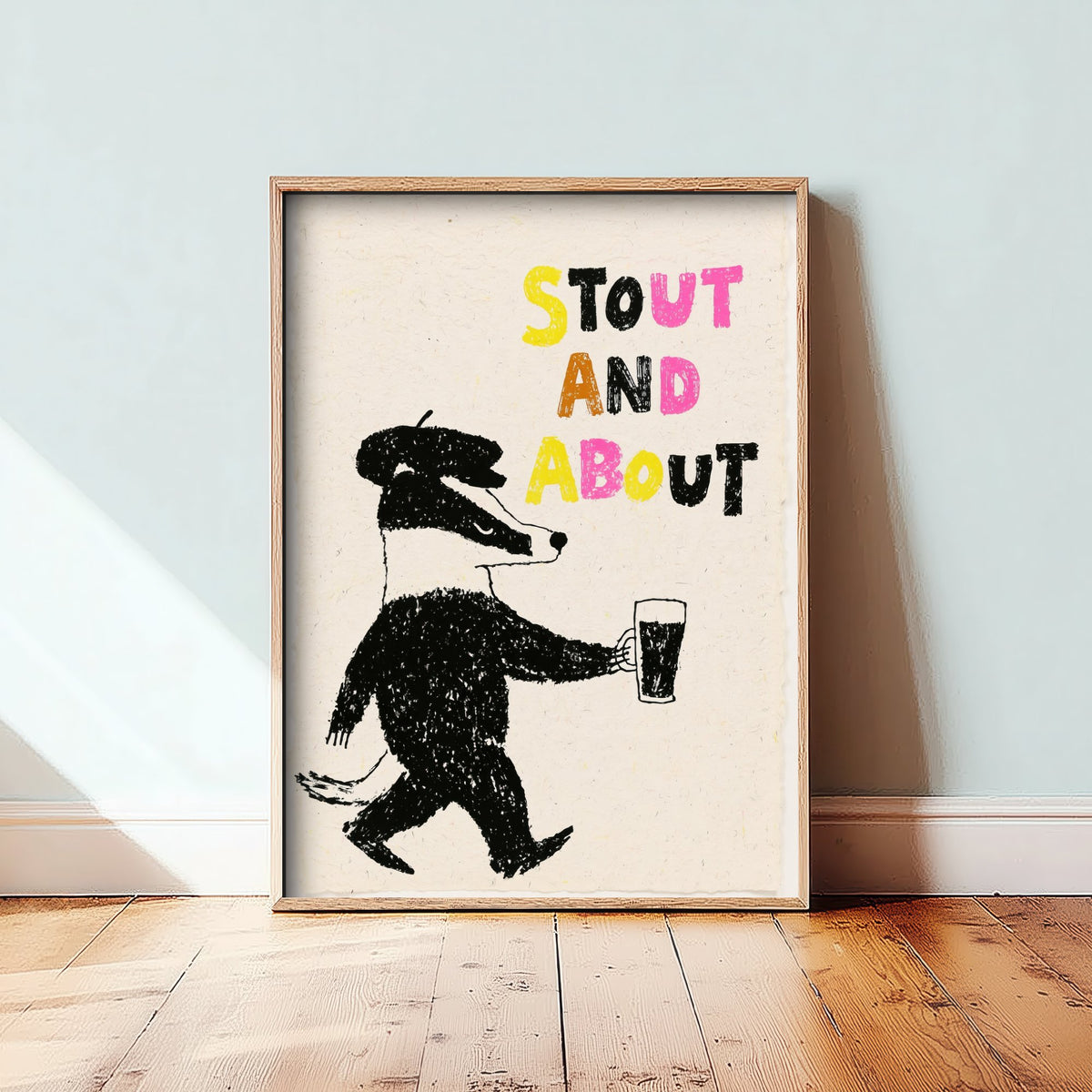 Stout and About Badger Print - Pub Poster with Pint of Stout - Black Crayon Illustration for Home Bar