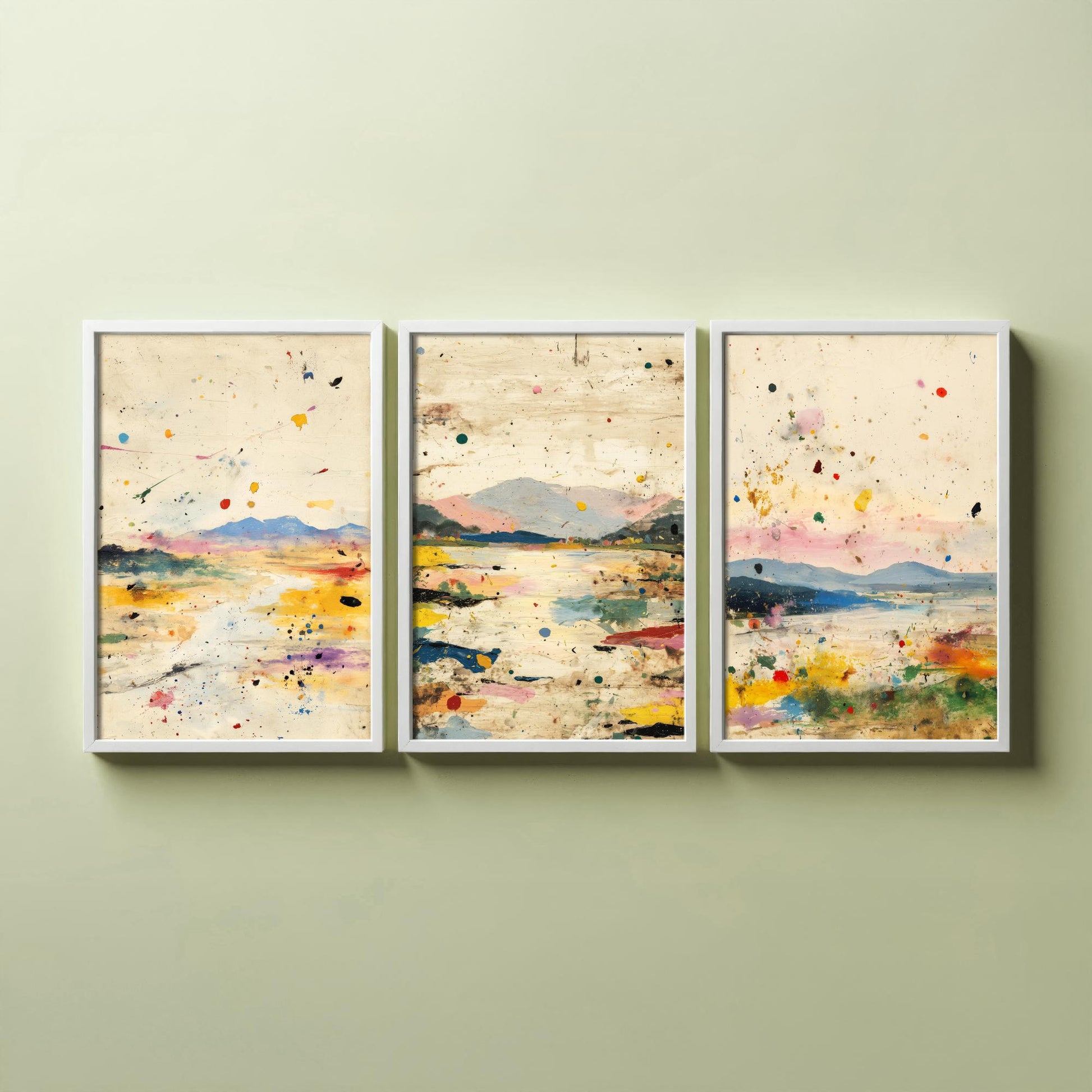 Abstract Landscape Set of Three Art Prints - Surreal Double Exposure Mountain Posters - Splatter Painting Decor V1
