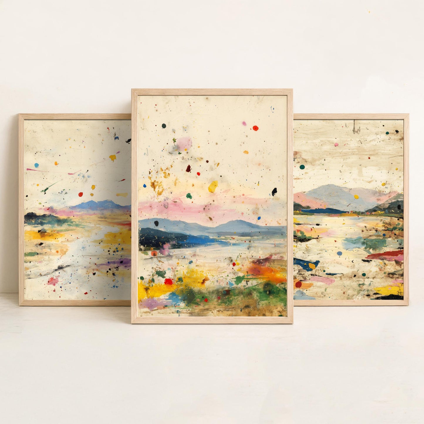 Abstract Landscape Set of Three Art Prints - Surreal Double Exposure Mountain Posters - Splatter Painting Decor V1