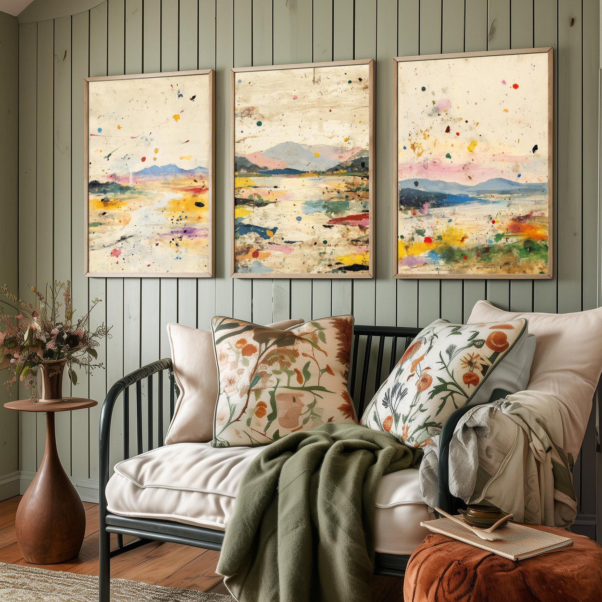 Abstract Landscape Set of Three Art Prints - Surreal Double Exposure Mountain Posters - Splatter Painting Decor V1