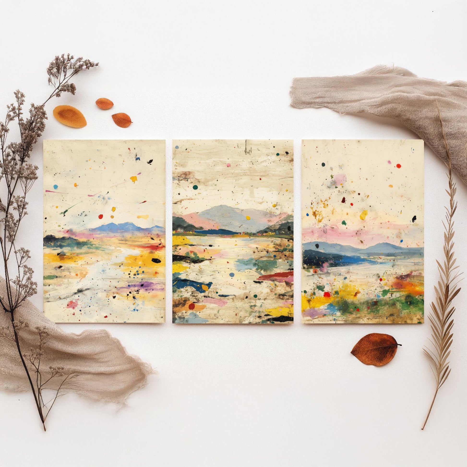 Abstract Landscape Set of Three Art Prints - Surreal Double Exposure Mountain Posters - Splatter Painting Decor V1
